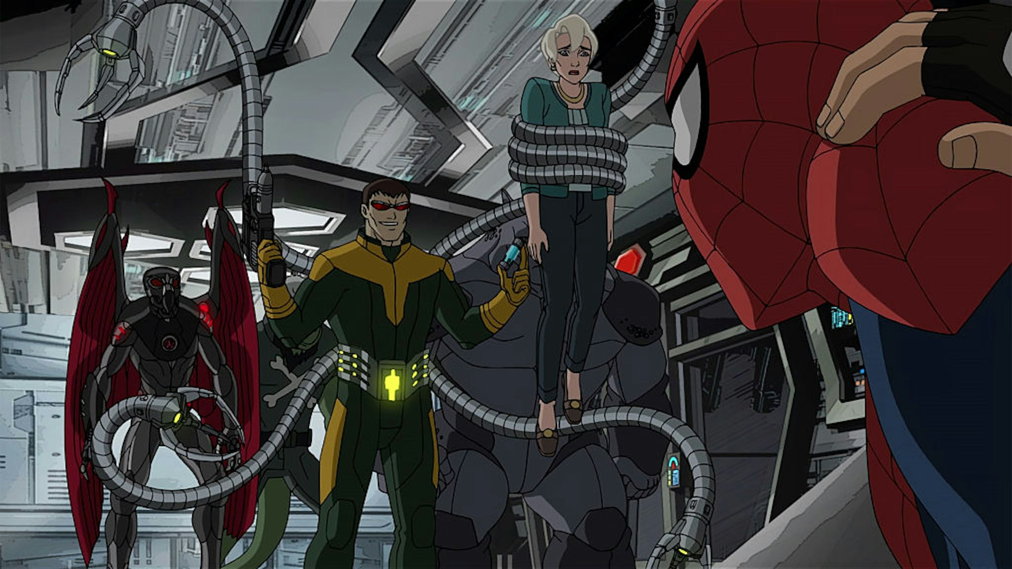 MARVEL'S ULTIMATE SPIDER-MAN VS. THE SINISTER 6 - "Graduation Day - Part 1" - Doctor Octopus (Doc Ock) threatens to harm Aunt May if Spidey ever puts on his mask again. Spider-Man must track down Doc Ock before he has a chance to put his plan into action. This episode of "Marvel's Ultimate Spider-Man VS. The Sinister 6" airs Saturday, January 07 (7:30 - 8:00 P.M. EST) on Disney XD. (Marvel via Getty Images) VULTURE, DOC OCK, AUNT MAY, RHINO, SPIDER-MAN