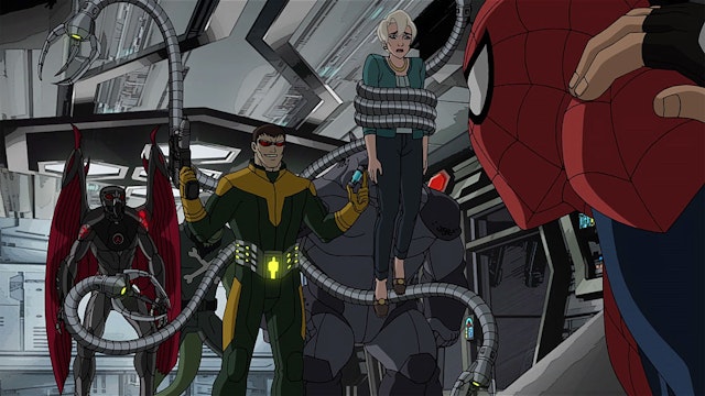MARVEL'S ULTIMATE SPIDER-MAN VS. THE SINISTER 6 - "Graduation Day - Part 1" - Doctor Octopus (Doc Ock) threatens to harm Aunt May if Spidey ever puts on his mask again. Spider-Man must track down Doc Ock before he has a chance to put his plan into action. This episode of "Marvel's Ultimate Spider-Man VS. The Sinister 6" airs Saturday, January 07 (7:30 - 8:00 P.M. EST) on Disney XD. (Marvel via Getty Images) VULTURE, DOC OCK, AUNT MAY, RHINO, SPIDER-MAN