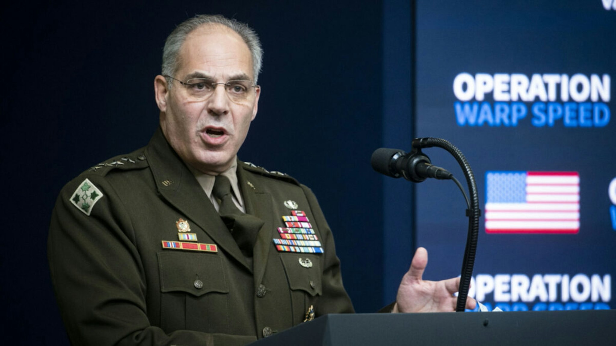 General Gustave Perna, chief operating officer for the Defense Department's Project Warp Speed, speaks during an Operation Warp Speed vaccine summit at the White House in Washington, D.C., U.S., on Tuesday, Dec. 8, 2020.
