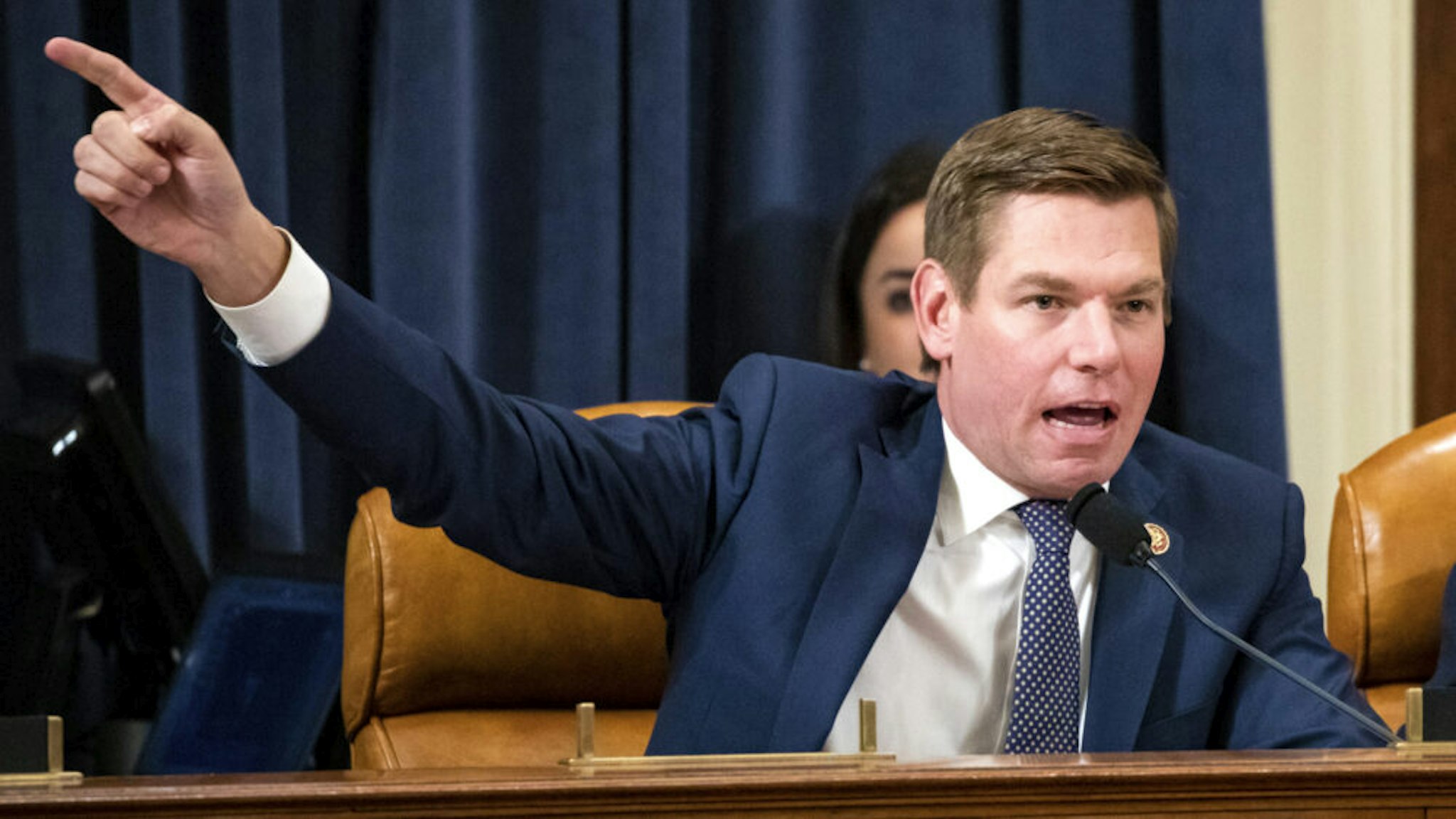 WASHINGTON, DC - NOVEMBER 20: U.S. Rep. Eric Swalwell (D-CA) questions Gordon Sondland, the U.S ambassador to the European Union, during a hearing before the House Intelligence Committee in the Longworth House Office Building on Capitol Hill November 20, 2019 in Washington, DC. The committee heard testimony during the fourth day of open hearings in the impeachment inquiry against U.S. President Donald Trump, whom House Democrats say held back U.S. military aid for Ukraine while demanding it investigate his political rivals.