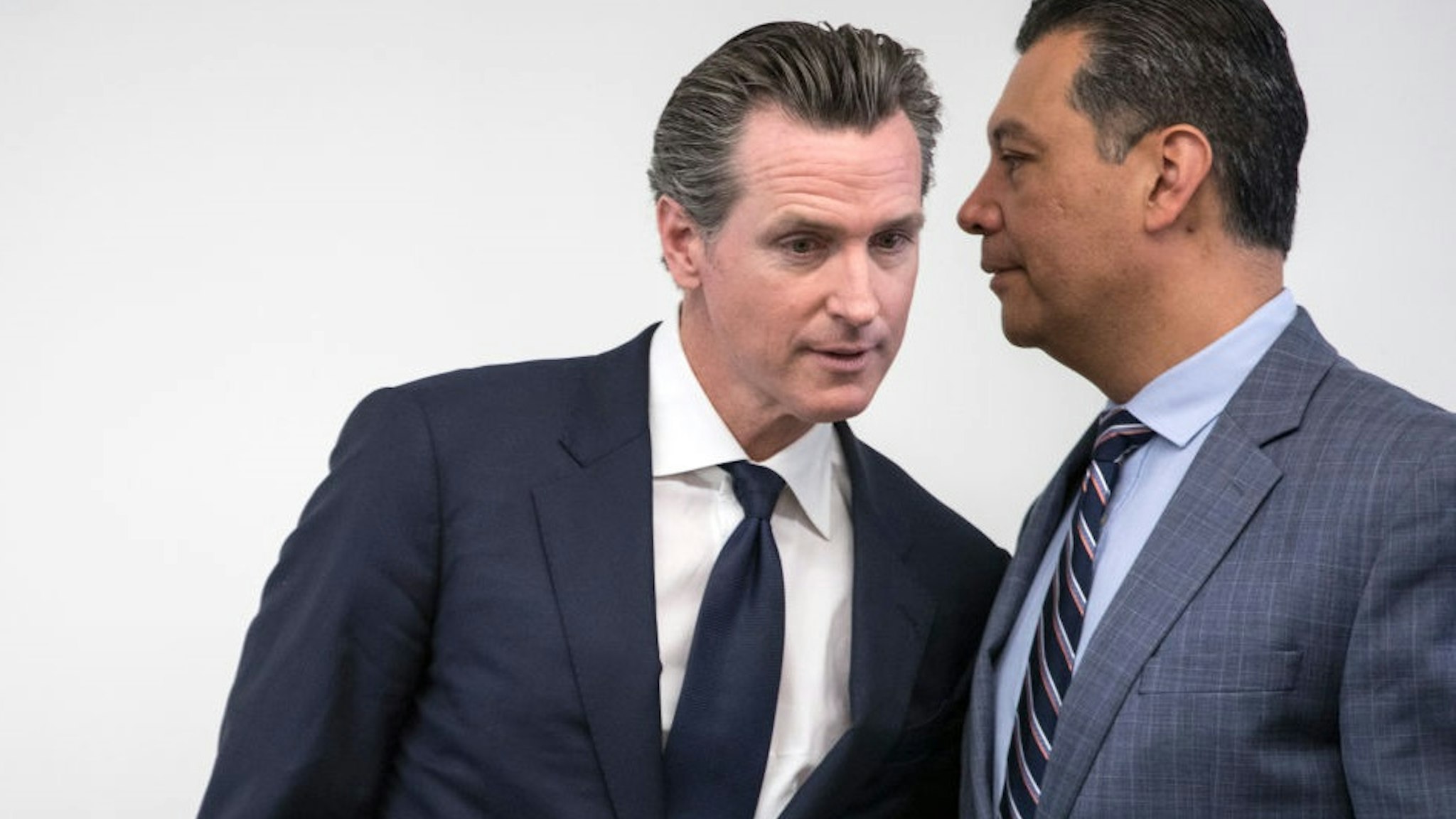 LOS ANGELES, CA -- THURSDAY, OCTOBER 26: Secretary of State Alex Padilla, right, endorses California Lt. Governor Gavin Newsom, left, in the governor's race during an event at the Laborers' International Union of North America Local 300 hall in Los Angeles, CA, on Oct. 26, 2017.