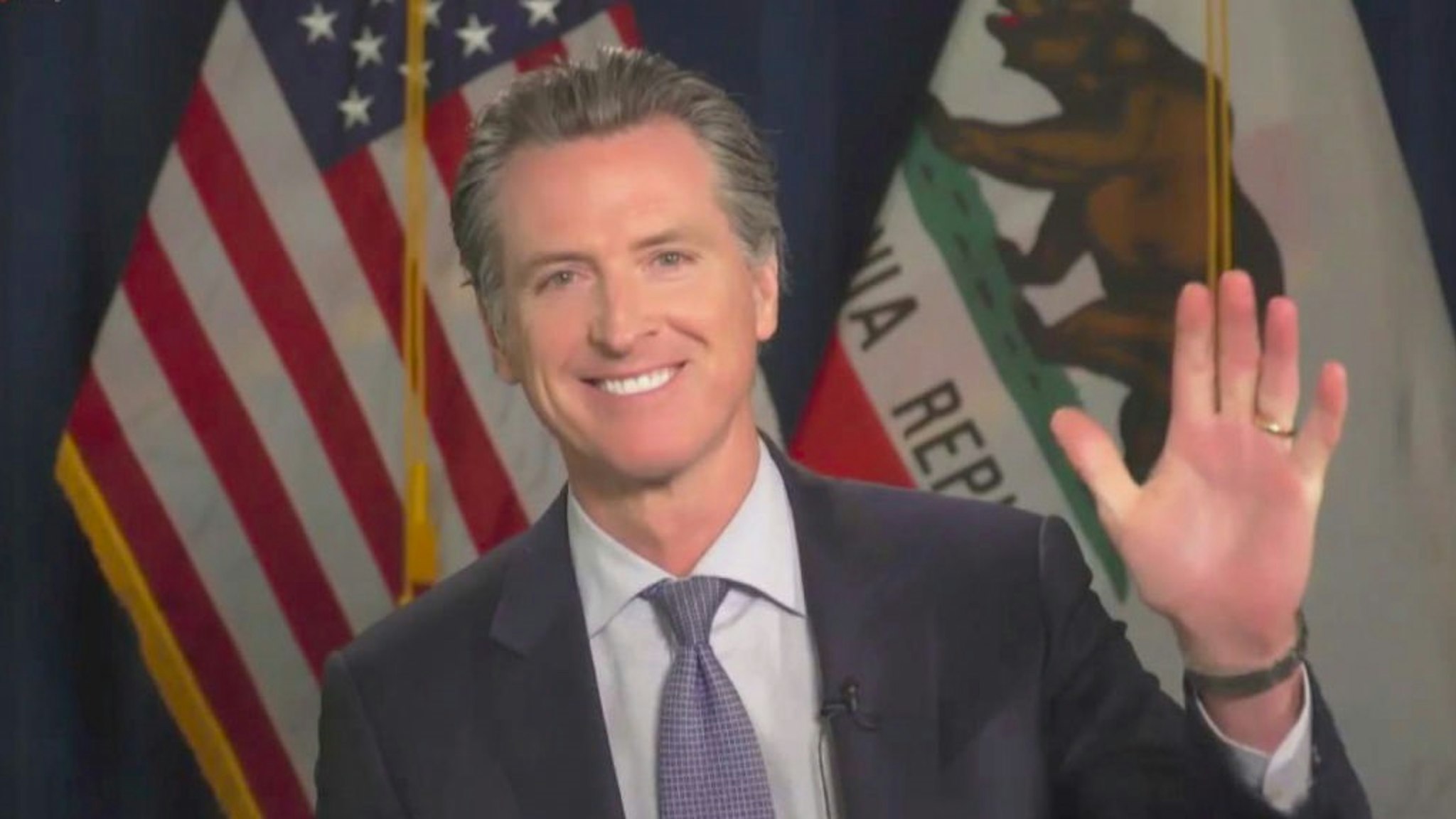 LOS ANGELES - JUNE 17: James chats with California Governor Gavin Newsom from his garage on THE LATE LATE SHOW WITH JAMES CORDEN, scheduled to air Wednesday June 17, 2020 (12:37-1:37 AM, ET/PT) on the CBS Television Network. Image is a screen grab. (Photo by CBS via Getty Images)