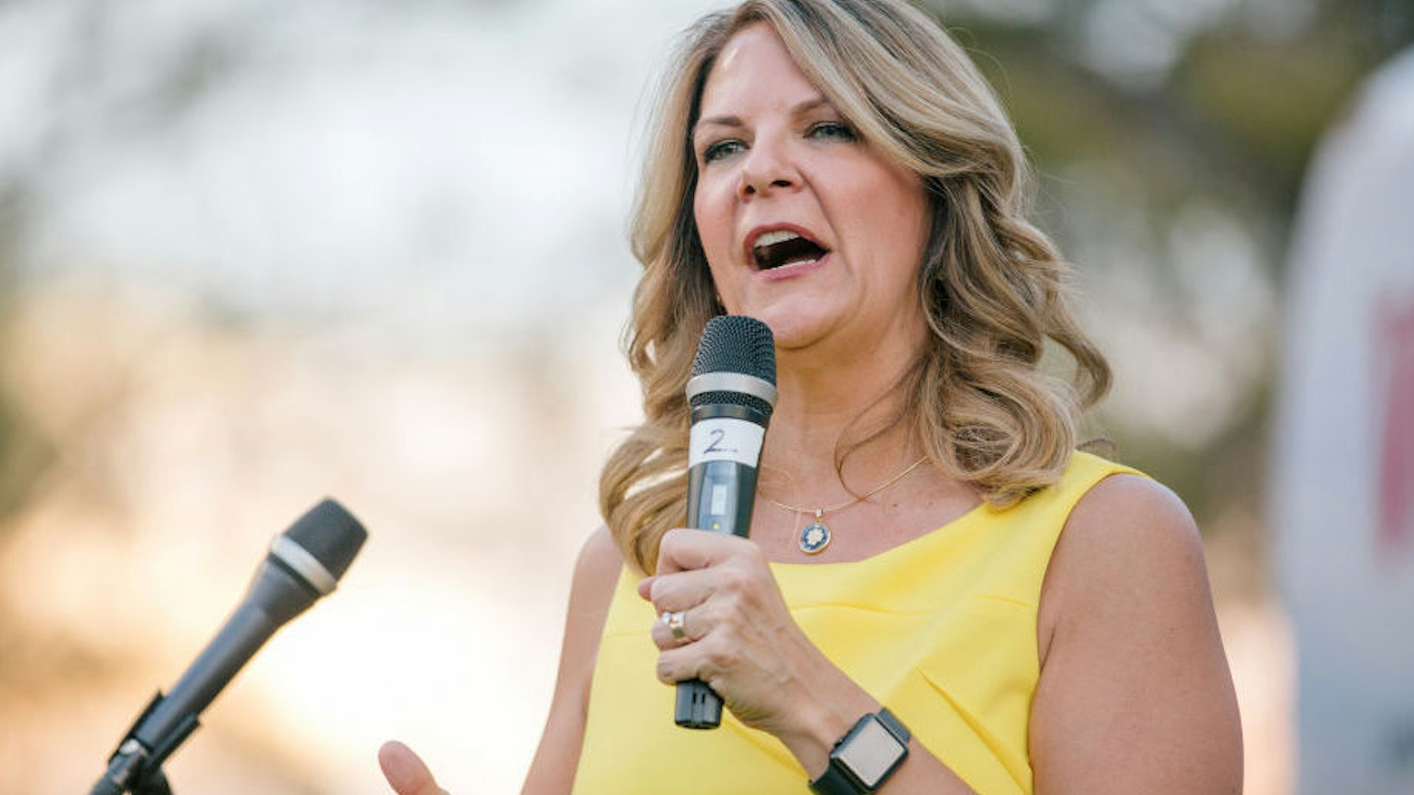Kelli Ward, Republican U.S. Senate candidate from Arizona, speaks during the 'Road To Victory' bus tour stop at the Pioneer Living History Museum in Phoenix, Arizona, U.S., on Friday, Aug. 24, 2018.