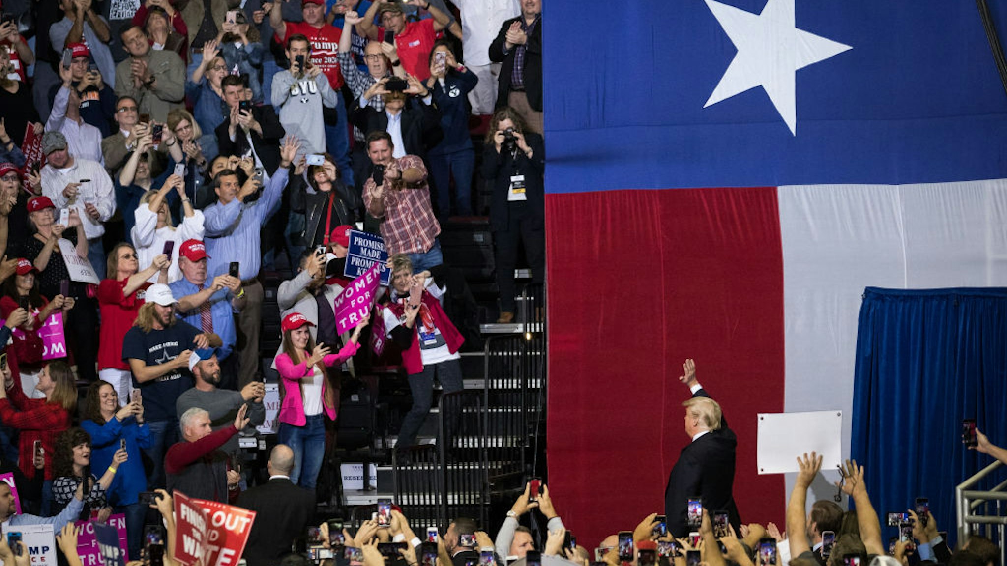 HOUSTON, TX - OCTOBER 22: U.S. President Donald Trump takes the stage for a rally in support of Sen. Ted Cruz (R-TX) on October 22, 2018 at the Toyota Center in Houston, Texas. Cruz, the incumbent, is seeking Senate re-election in a high-profile race against Democratic challenger Beto O'Rourke. (Photo by Loren Elliott/Getty Images)