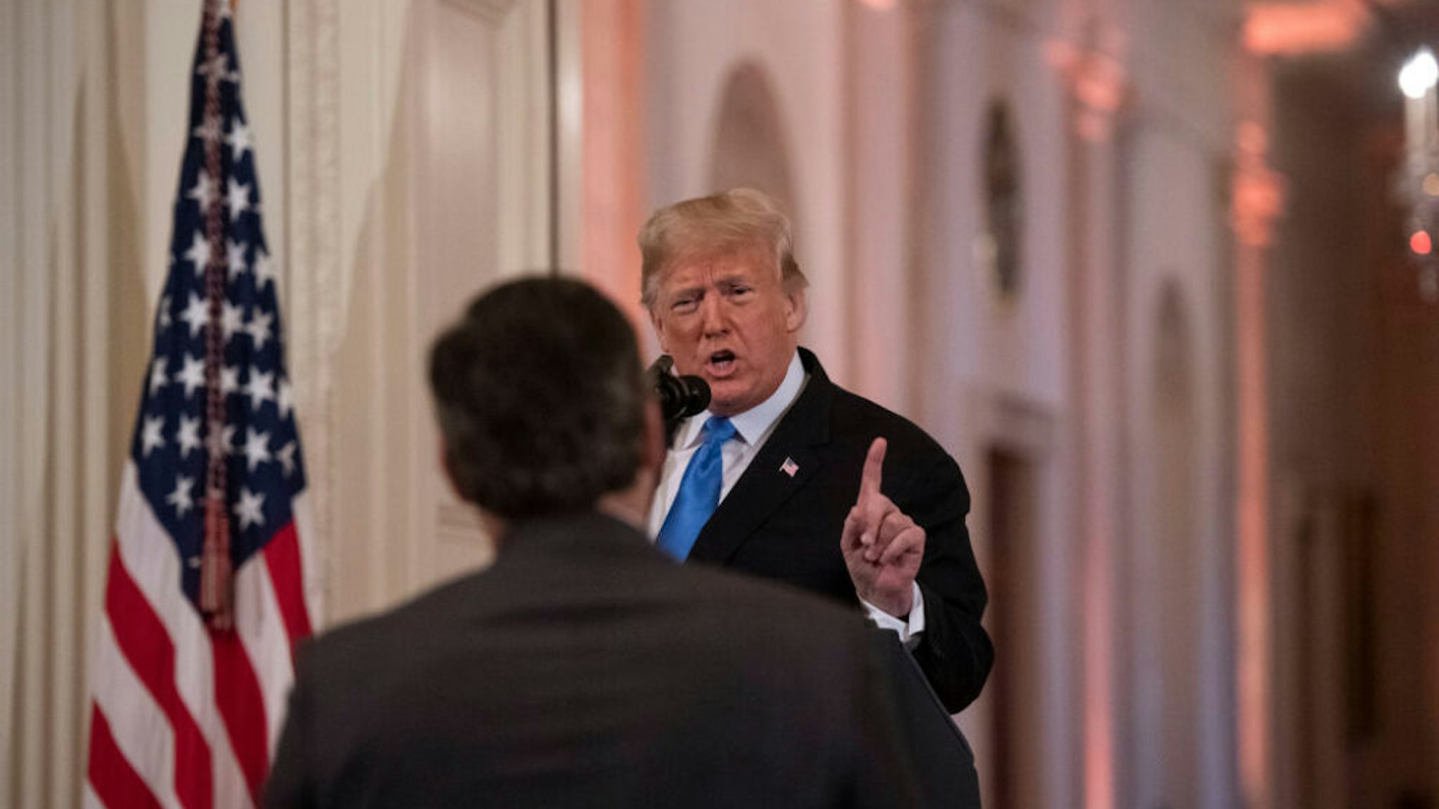 WASHINGTON, DC - NOVEMBER 7: President Donald Trump speaks to Jim Acosta of CNN during a press conference in the East Room of the White House in Washington, D.C. on November 7, 2018.