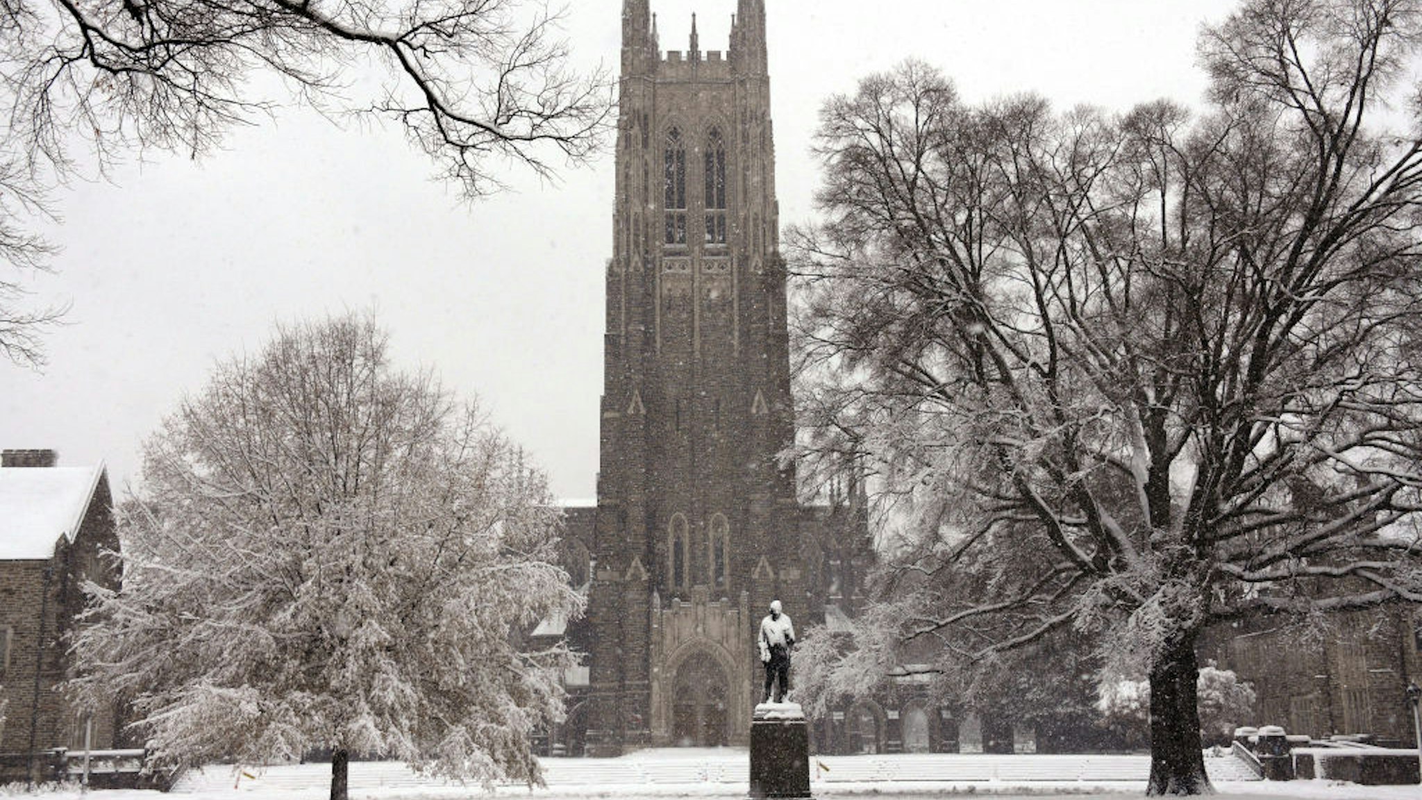 A general view of the Duke Chapel on the campus of Duke University as snow falls from Winter Storm Diego on December 9, 2018 in Durham, North Carolina.