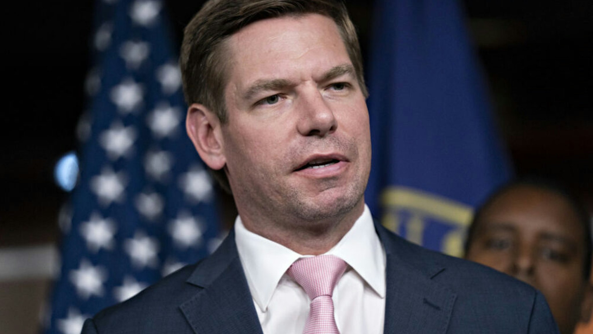 Representative Eric Swalwell, a Democrat from California, speaks during a news conference on Capitol Hill in Washington, D.C., U.S., on Friday, July 26, 2019. Raising the prospect of impeaching President Donald Trump, House Judiciary Chairman Jerrold Nadler said his panel will ask a federal court Friday to force release of grand jury information from Robert Mueller's investigation.