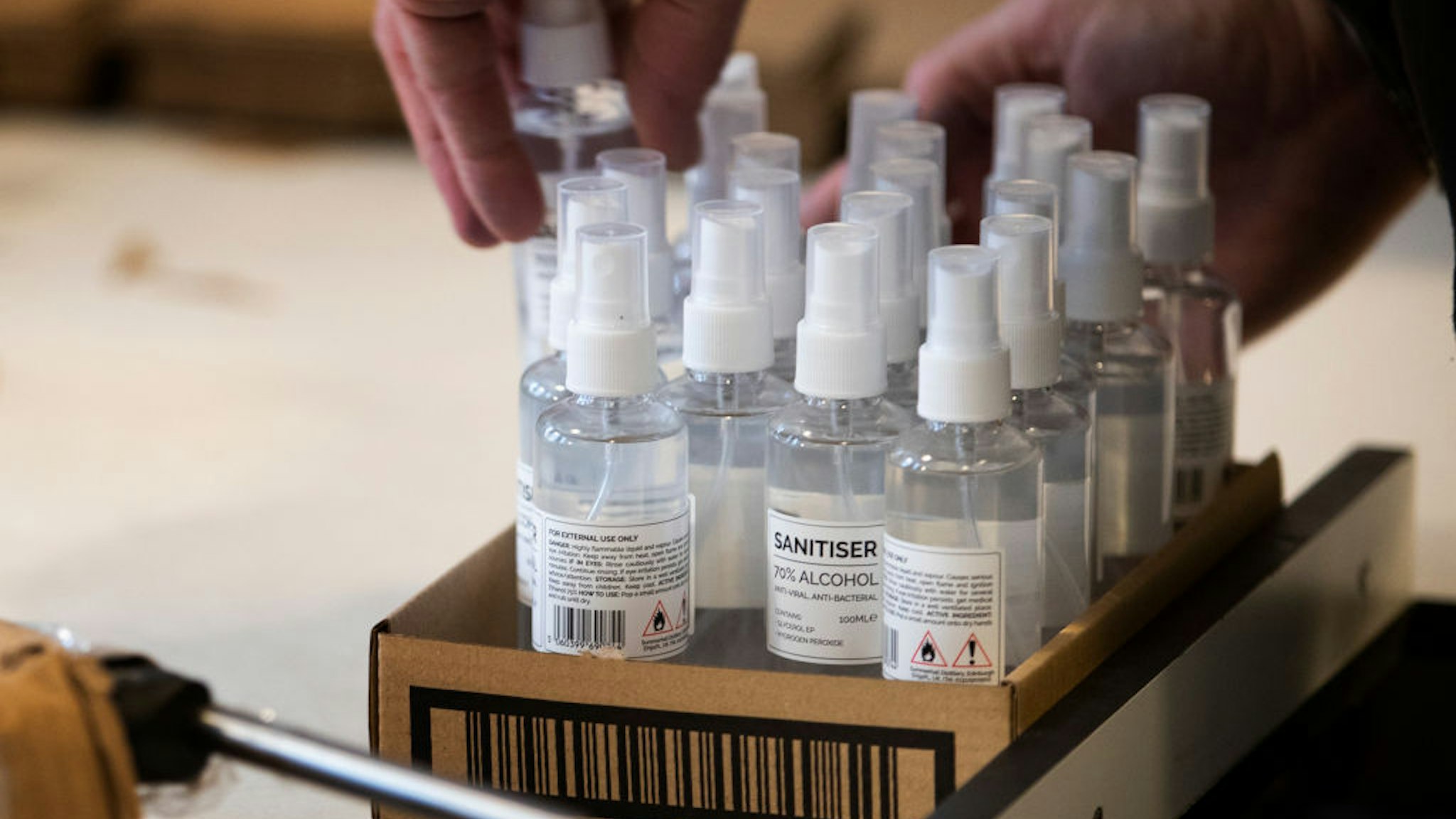 Hand sanitiser that has been produced inside Pickering's Gin distillery at Edinburgh's Summerhall which is a community of small businesses and creatives that have had to adapt and innovate during the coronavirus outbreak. (Photo by Jane Barlow/PA Images via Getty Images)