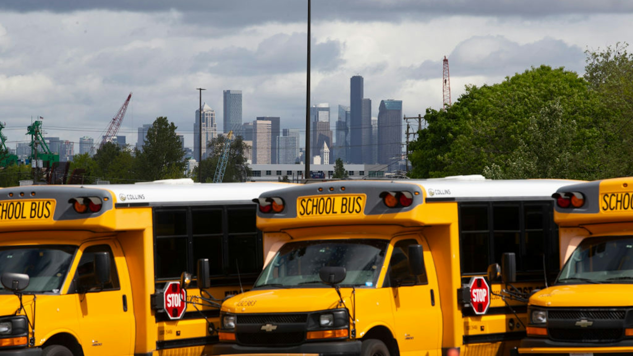 School buses sit idle in a bus yard on May 6, 2020 in Seattle, Washington.