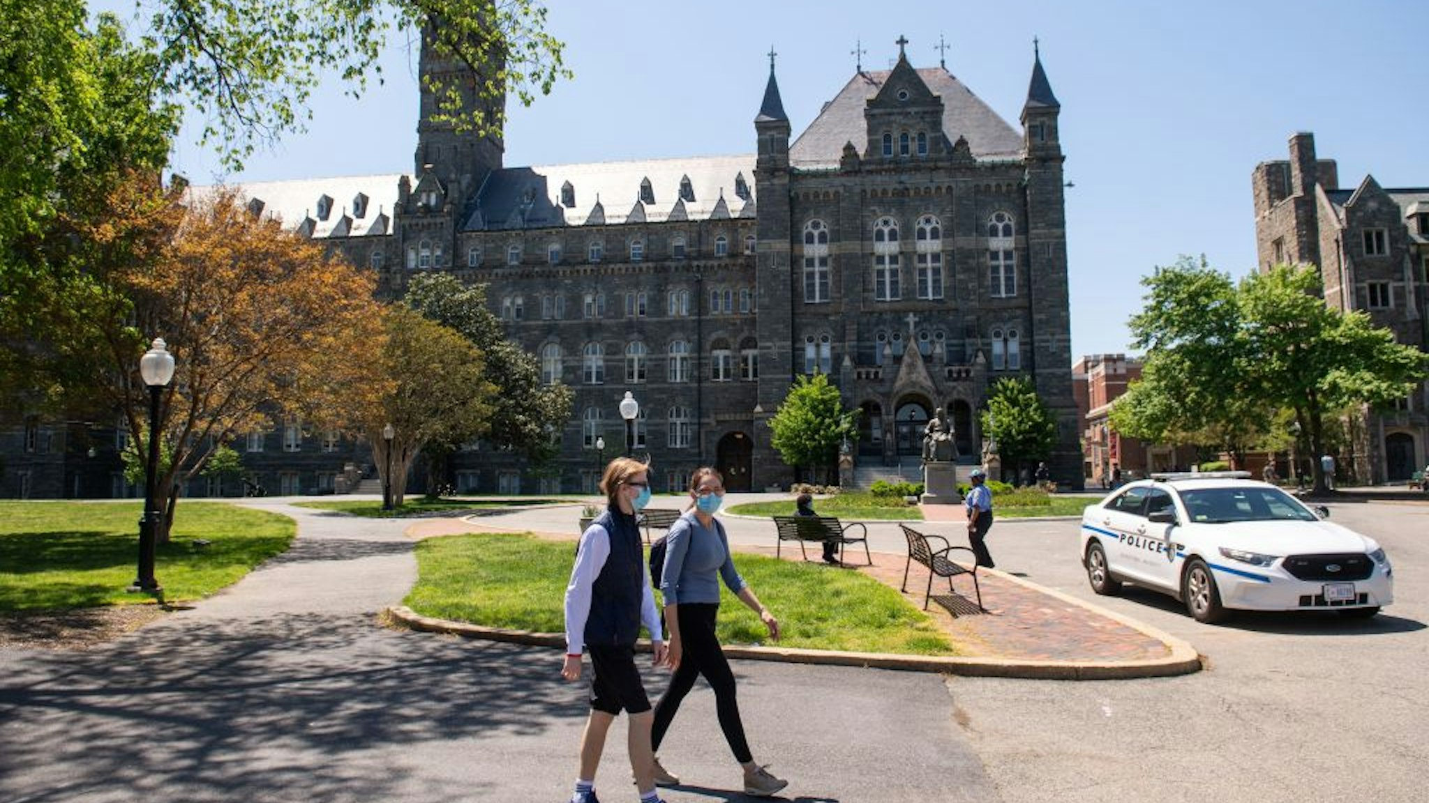 The campus of Georgetown University is seen nearly empty as classes were canceled due to the coronavirus pandemic, in Washington, DC, May 7, 2020.