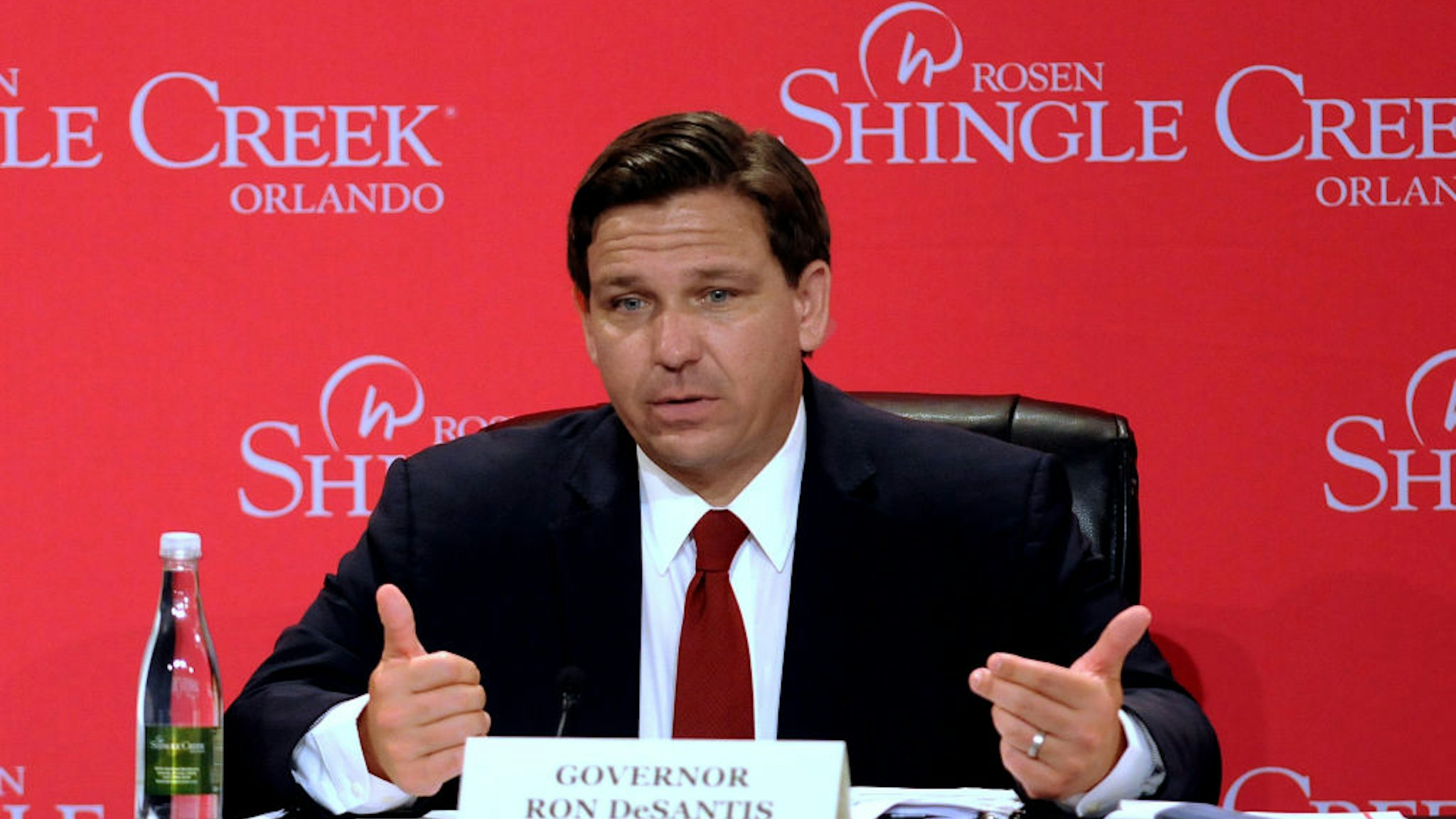 Florida Gov. Ron DeSantis participates in a roundtable discussion with U.S. Vice President Mike Pence and hospitality and tourism industry leaders to discuss Florida's phased economic reopening during the coronavirus pandemic.