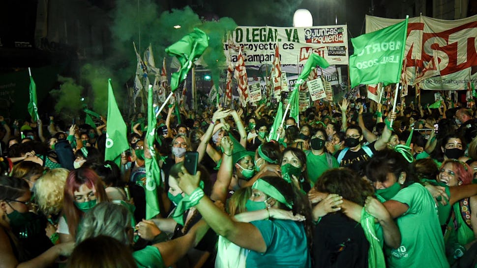 Argentine Senate Decides on Legalization of Abortion Pro-choice demonstrators celebrate after the right to an abortion is legalized on December 30, 2020 in Buenos Aires, Argentina.