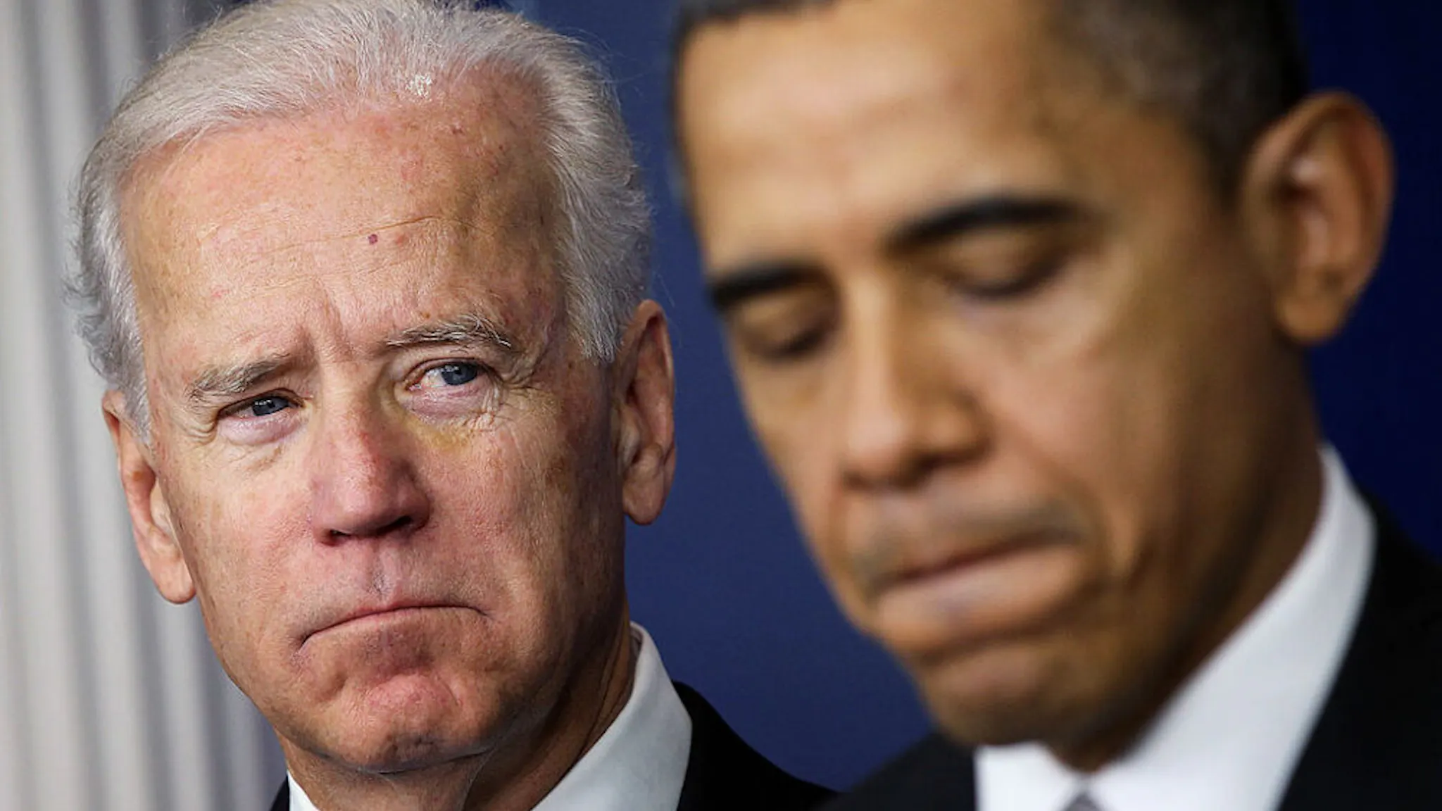 Obama and Biden U.S. Vice President Joseph Biden (L) listens as U.S. President Barack Obama speaks during an announcement on gun reform in the Brady Press Briefing Room of the White House December 19, 2012 in Washington, DC. President Obama announced that he is making an administration-wide effort to solve gun violence and has tapped Vice President Biden to lead the effort in the wake of the Sandy Hook Elementary School shooting in Newtown, Connecticut.