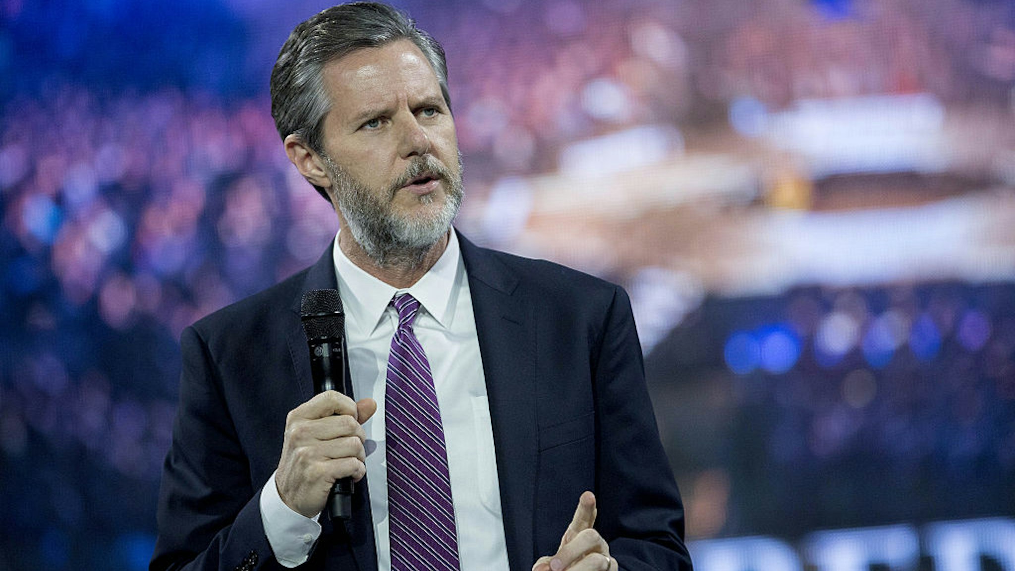 Jerry Falwell Jr., president of Liberty University, speaks during a Liberty University Convocation with Ben Carson, 2016 Republican presidential candidate, not pictured, in Lynchburg, Virginia, U.S., on Wednesday, Nov. 11, 2015.