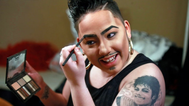 Janelle Felix finishes her make up before she performs as drag king Tenderoni on Saturday, March 24, 2018 at Berlin's "Drag Matinee." (Nuccio DiNuzzo/Chicago Tribune/Tribune News Service via Getty Images)