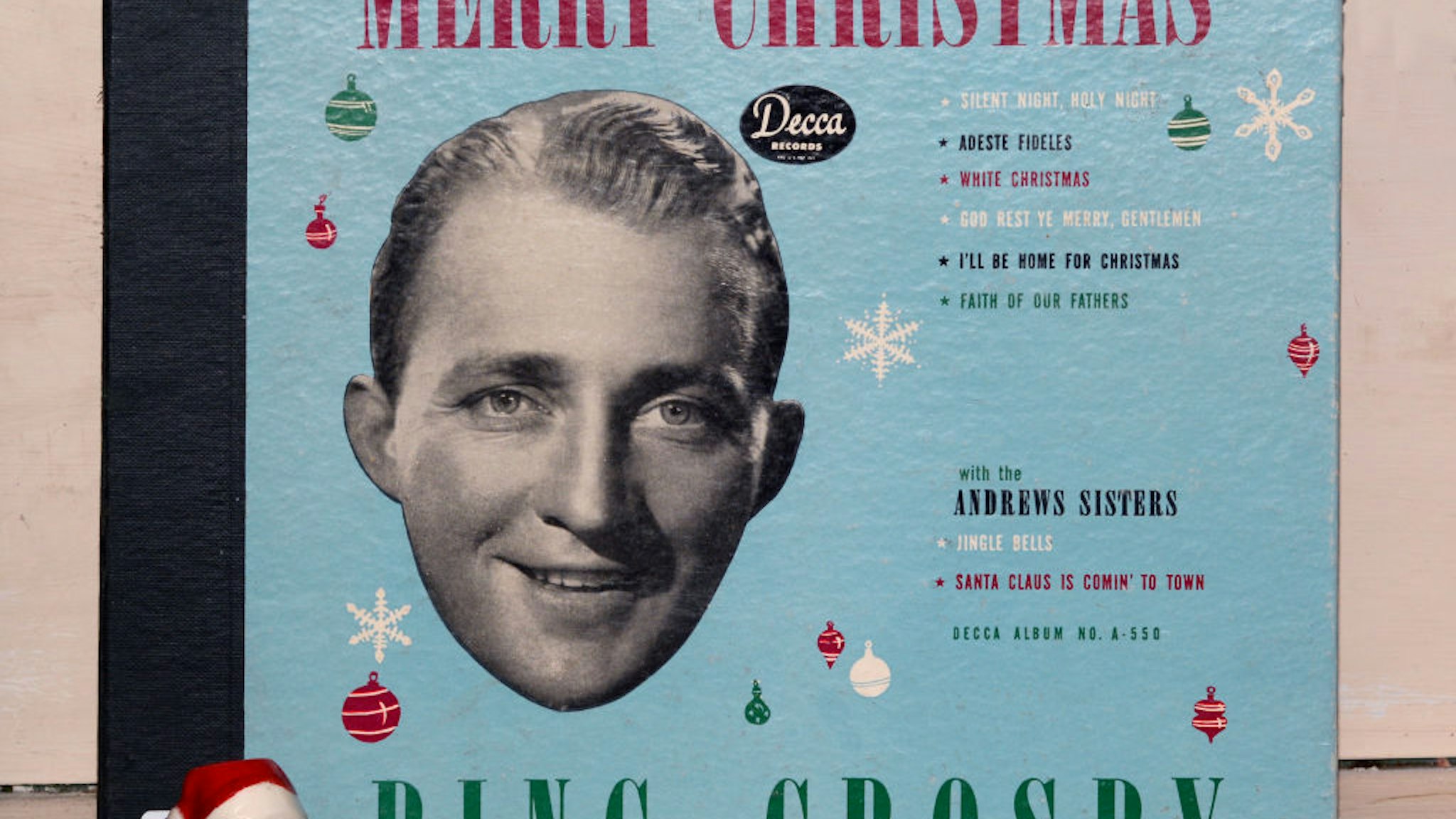 A copy of singer Bing Crosby's 1945 Decca label album 'Merry Christmas' for sale in an antique shop in Santa Fe, New Mexico.