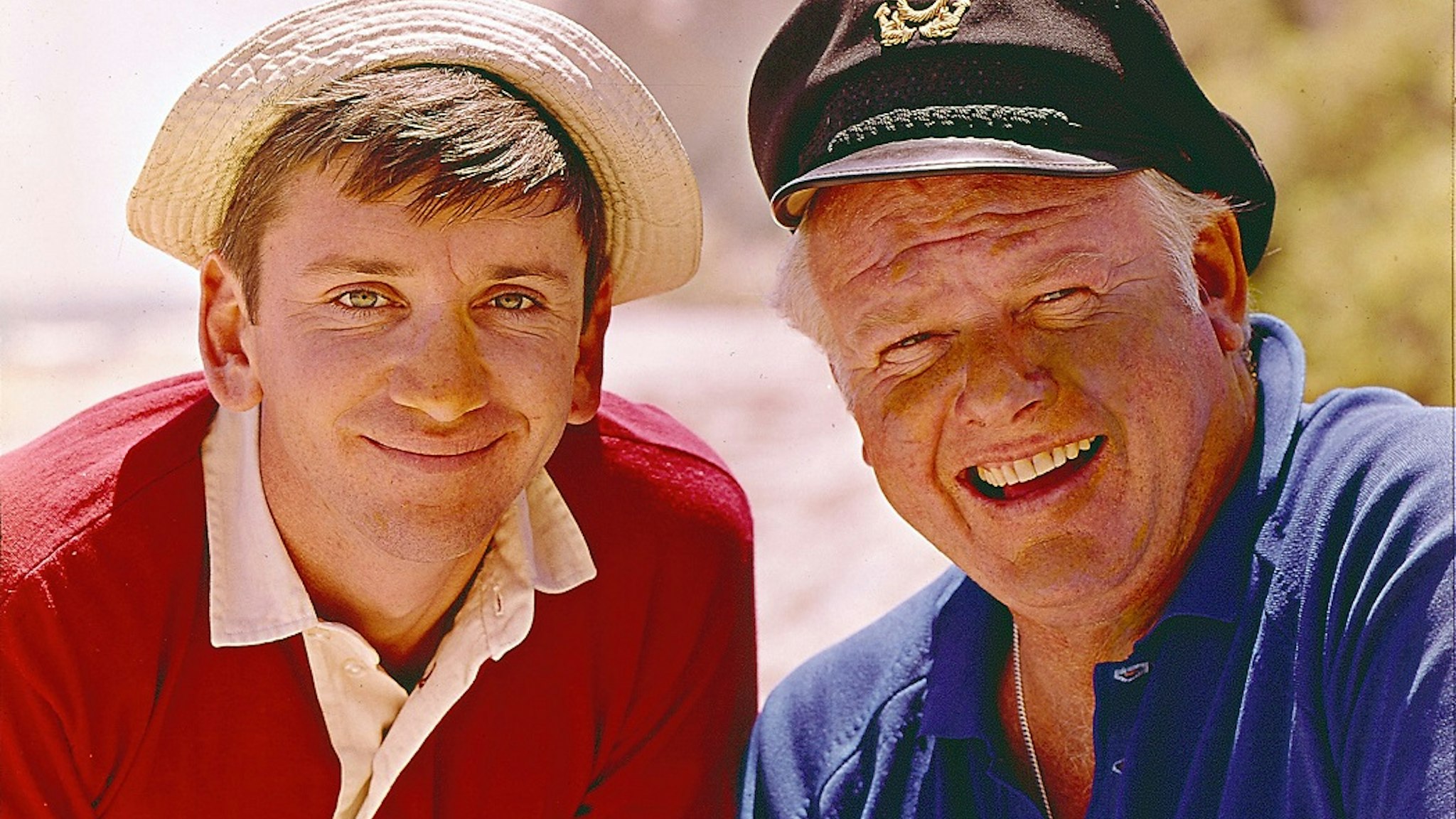 LOS ANGELES - JANUARY 1: GILLIGAN'S ISLAND cast members (from left) Bob Denver (as Gilligan) and Alan Hale Jr. (as Jonas Grumby, The Skipper), 1965.