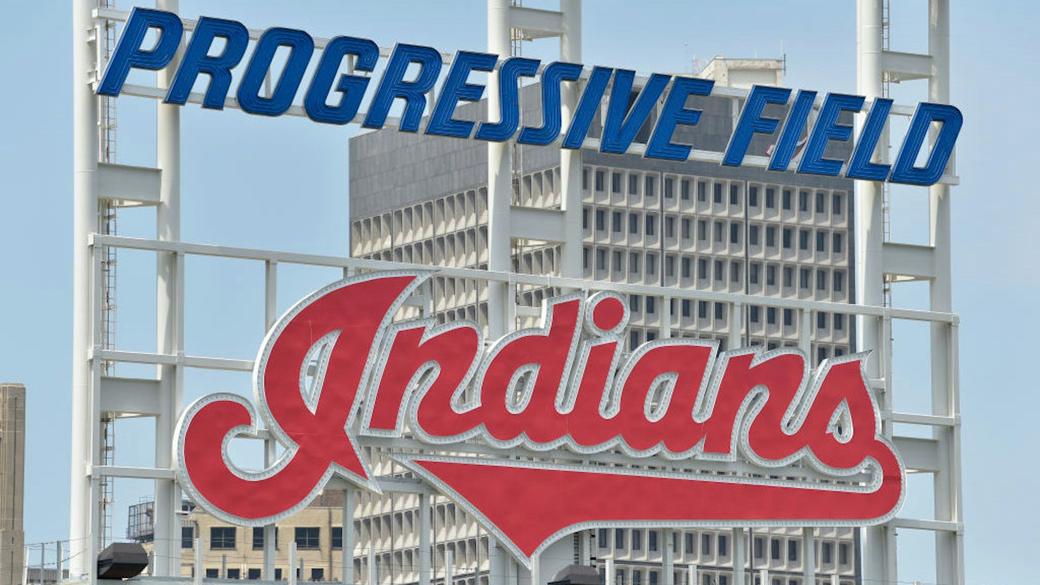 CLEVELAND, OHIO - JULY 07: The Cleveland Indians logo is seen at Progressive Field during summer workouts on July 07, 2020 in Cleveland, Ohio. (Photo by Jason Miller/Getty Images)