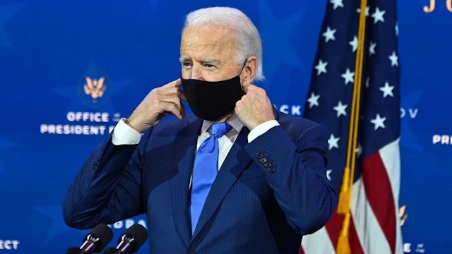 US President-elect Joe Biden, touches his facemask, as he announces his economic team at The Queen Theater in Wilmington, Delaware, on December 1, 2020. (Photo by Chandan KHANNA / AFP) (Photo by CHANDAN KHANNA/AFP via Getty Images)