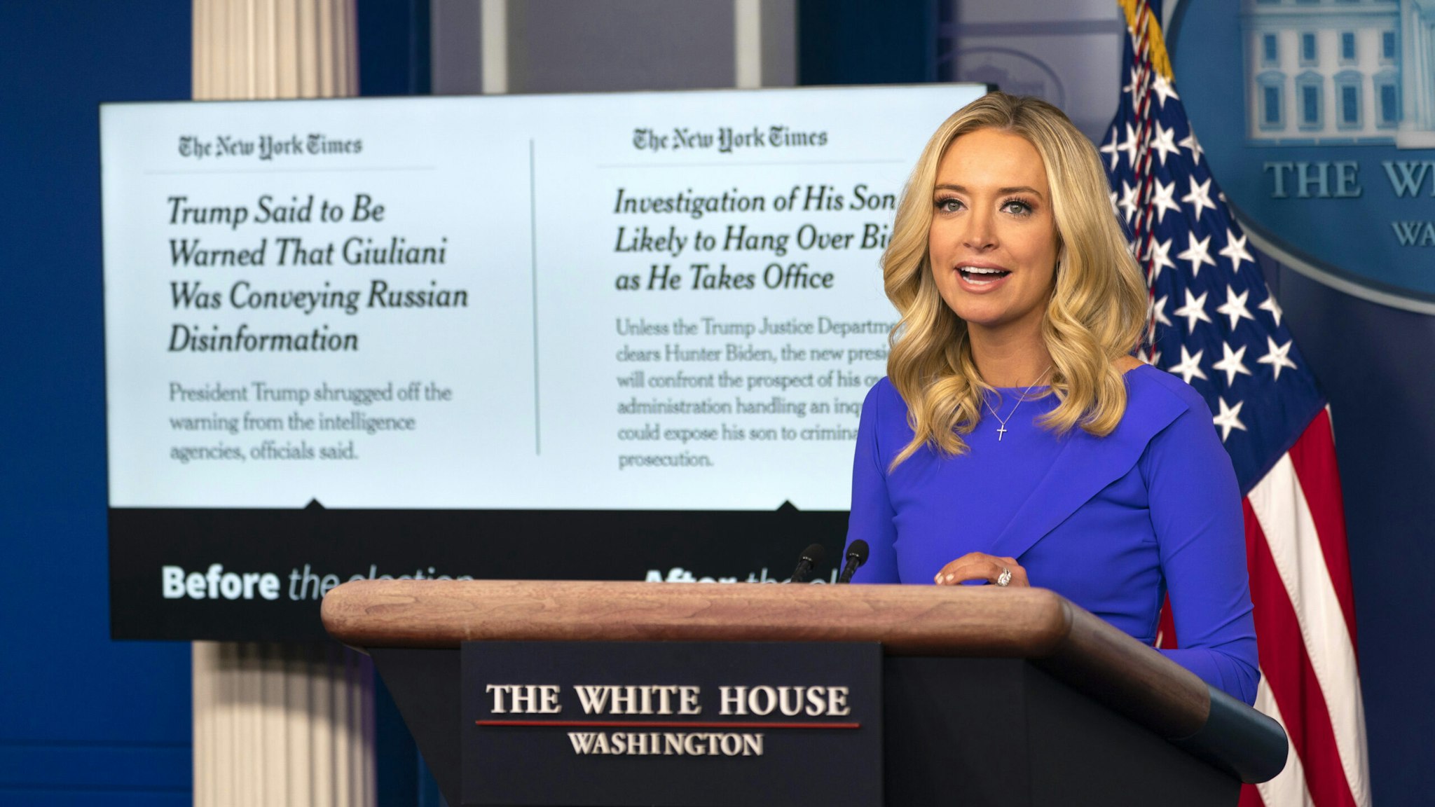 Kayleigh McEnany, White House press secretary, speaks during a news conference in Washington, D.C., U.S., on Tuesday, Dec. 15, 2020. Senate Majority Leader Mitch McConnell recognized Joe Biden as the winner of the U.S. election the day after the Electoral College confirmed his victory a pivotal moment that further cements President Donald Trump's defeat. 