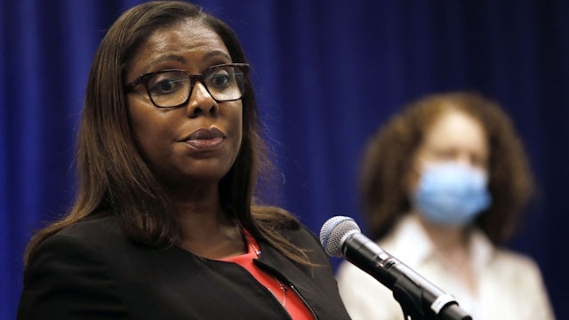 Letitia James, New York's attorney general, pauses while speaking during a news conference in New York, U.S., Thursday, Aug. 6, 2020. New York is seeking to dissolve the National Rifle Association as the state attorney general accused the gun rights group and its current and former senior officials of engaging in a massive fraud against donors. Photographer: Peter Foley/Bloomberg