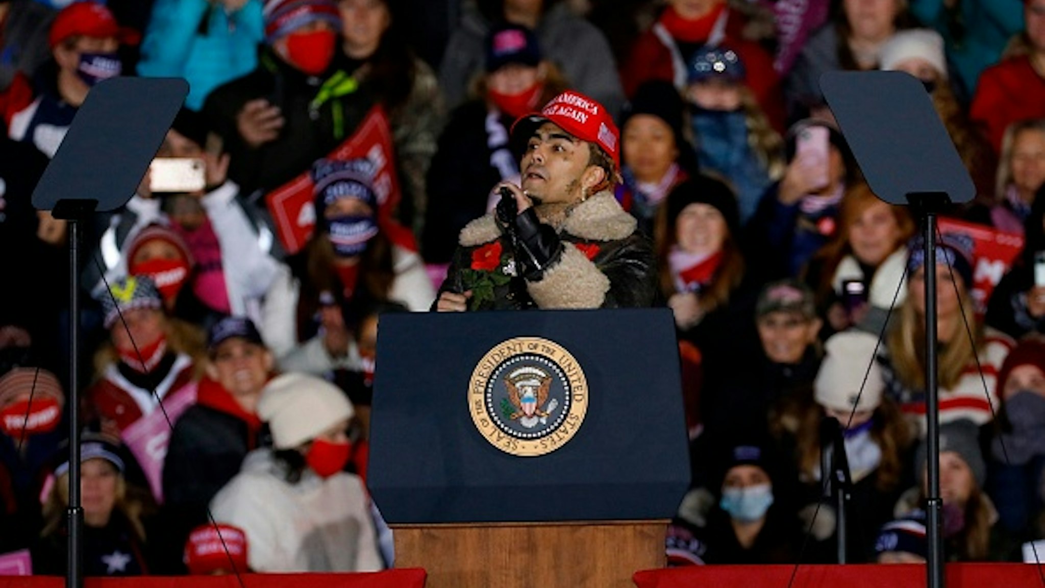 Rapper Lil Pump speaks during US President Donald Trump's final Make America Great Again rally of the 2020 US Presidential campaign at Gerald R. Ford International Airport on November 2, 2020, in Grand Rapids, Michigan.