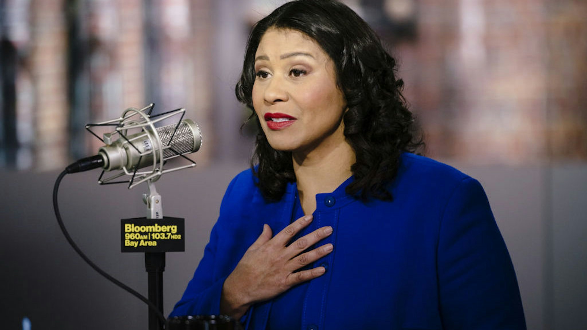 London Breed, mayor of San Francisco, speaks during a Bloomberg radio interview in San Francisco, California, U.S., on Tuesday, Feb. 5, 2020. Mike Bloomberg, the former mayor of New York, has earned the support of eight big-city mayors, including Breed. Photographer: Michael Short/Bloomberg