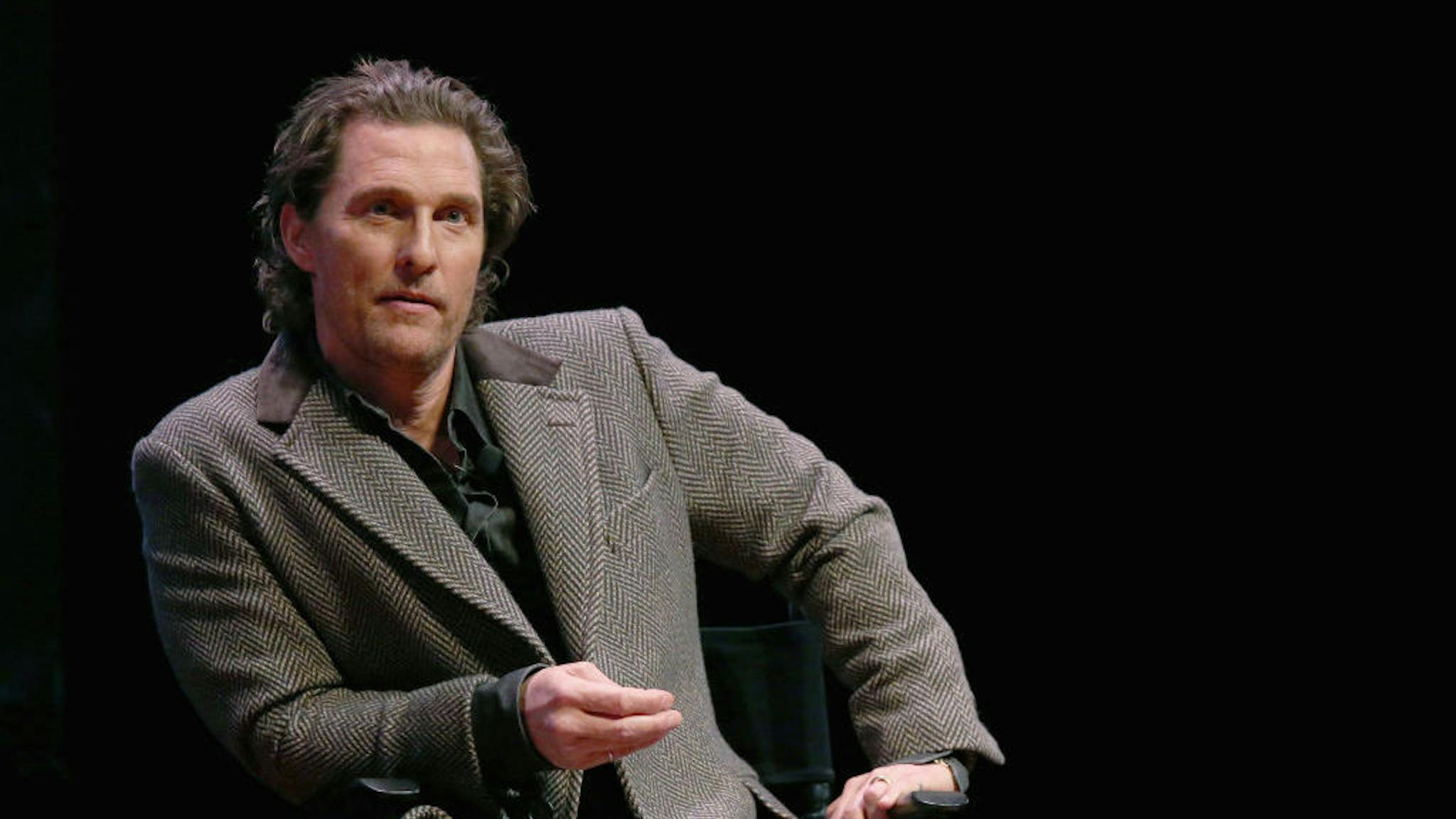 Matthew McConaughey AUSTIN, TEXAS - JANUARY 21: Matthew McConaughey participates in a Q&A after a special screening of his new film "The Gentlemen" at Hogg Memorial Auditorium at The University of Texas at Austin on January 21, 2020 in Austin, Texas. (Photo by Gary Miller/Getty Images)