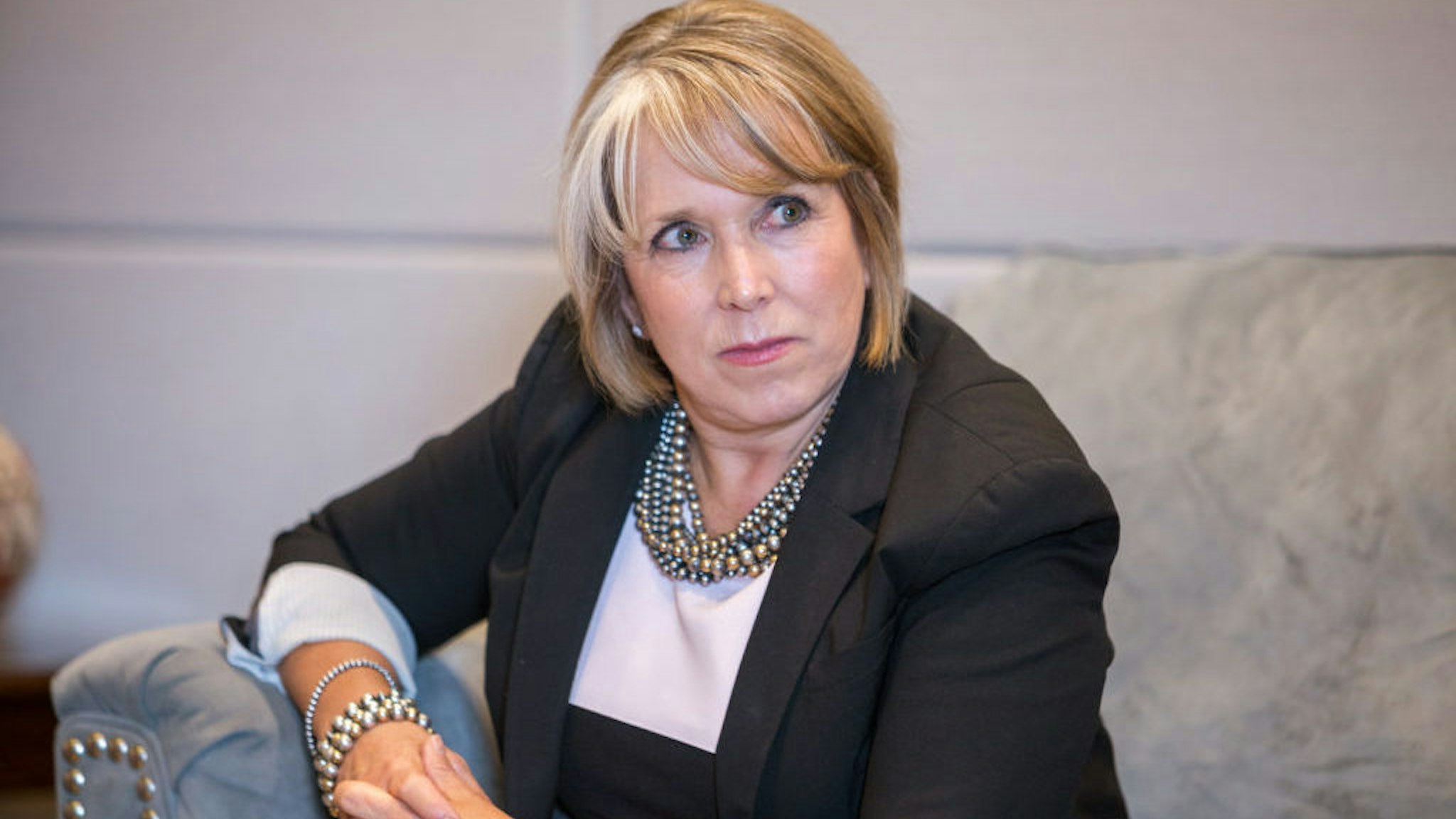 Michelle Lujan Grisham, governor of New Mexico, listens during an interview at her office in Santa Fe, New Mexico, U.S., on Thursday, Aug. 8, 2019. Lujan Grisham is balancing her concern over the catastrophic effects of climate change with the state's extraordinary dependence on oil and gas. Photographer: Steven St John/Bloomberg