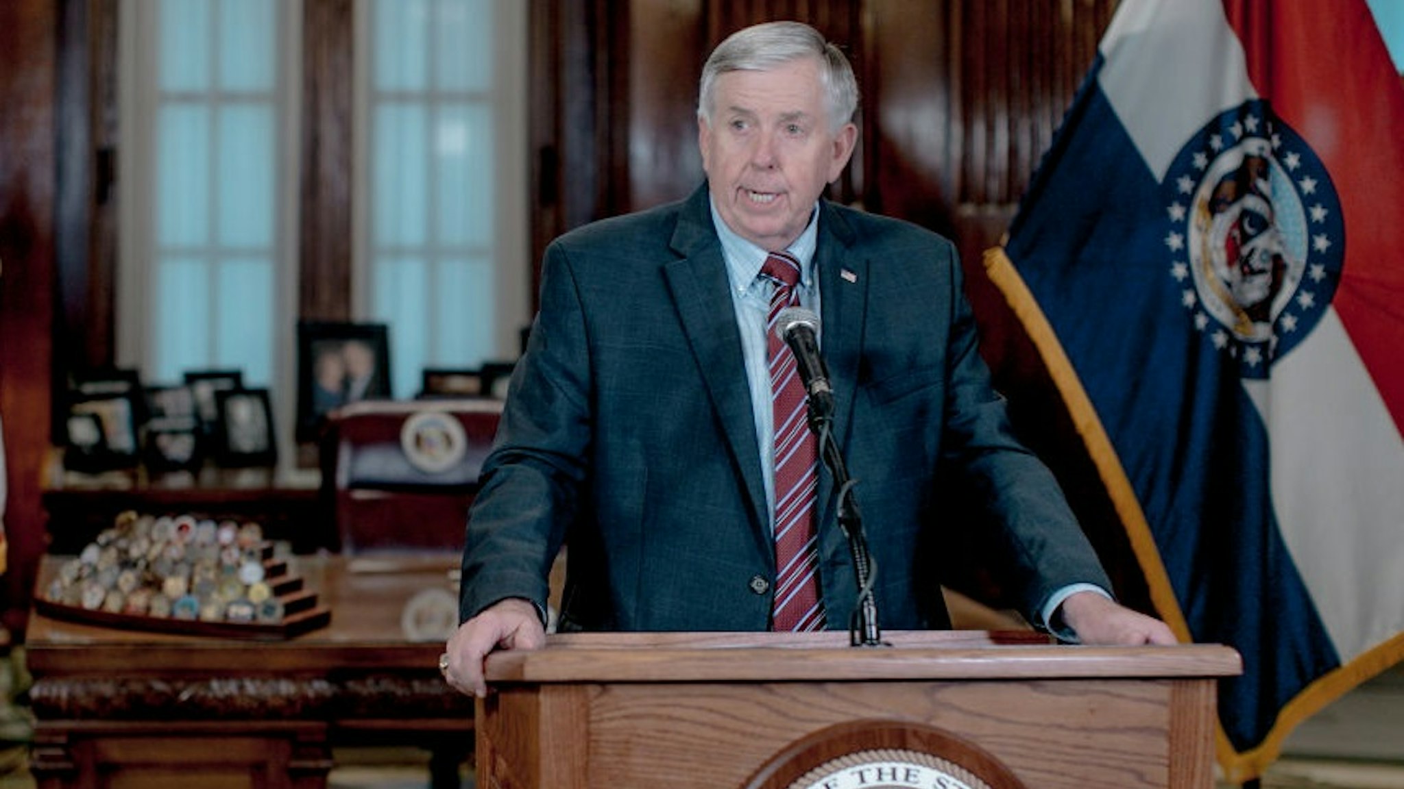 JEFFERSON CITY, MO - MAY 29: Gov. Mike Parson speaks during a press conference to discuss the status of license renewal for the St. Louis Planned Parenthood facility on May 29, 2019 in Jefferson City, Missouri. Parson stated that the facility still had until Friday to comply with the state in order to renew the license. (Photo by Jacob Moscovitch/Getty Images)