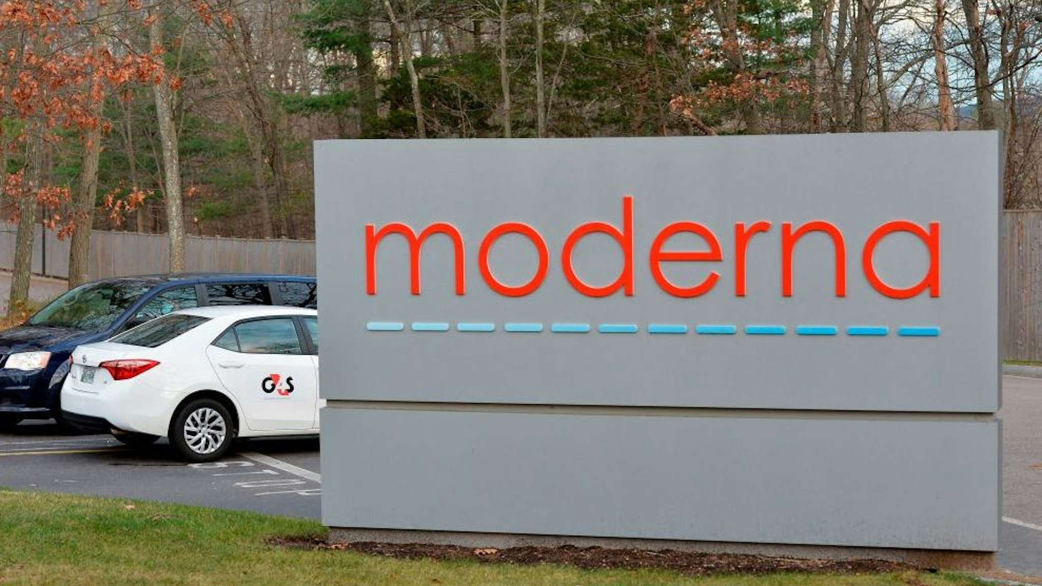 The Moderna logo is seen at the Moderna campus in Norwood, Massachusetts on on December 2, 2020, where the biotechnology company is mass producing its Covid-19 vaccine. - The US hopes to have immunized 100 million people against Covid-19 by the end of February, a top official said on December 2, which is approximately 40 percent of the country's adult population. The push should start within weeks, when vaccines developed by Pfizer-BioNTech and Moderna-NIH are expected to be approved.