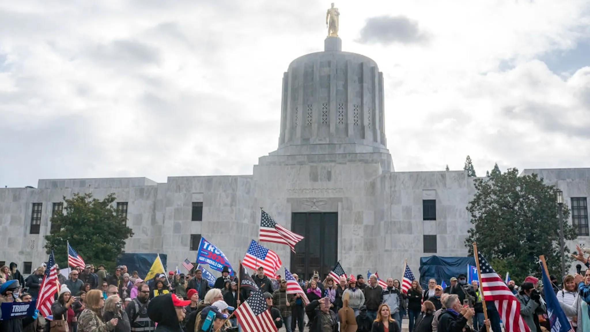 Oregon State Capitol SALEM, OR - NOVEMBER 07: Protesters gather in front of the Oregon state capitol building during a Stop the Steal rally on November 7, 2020 in Salem, Oregon.