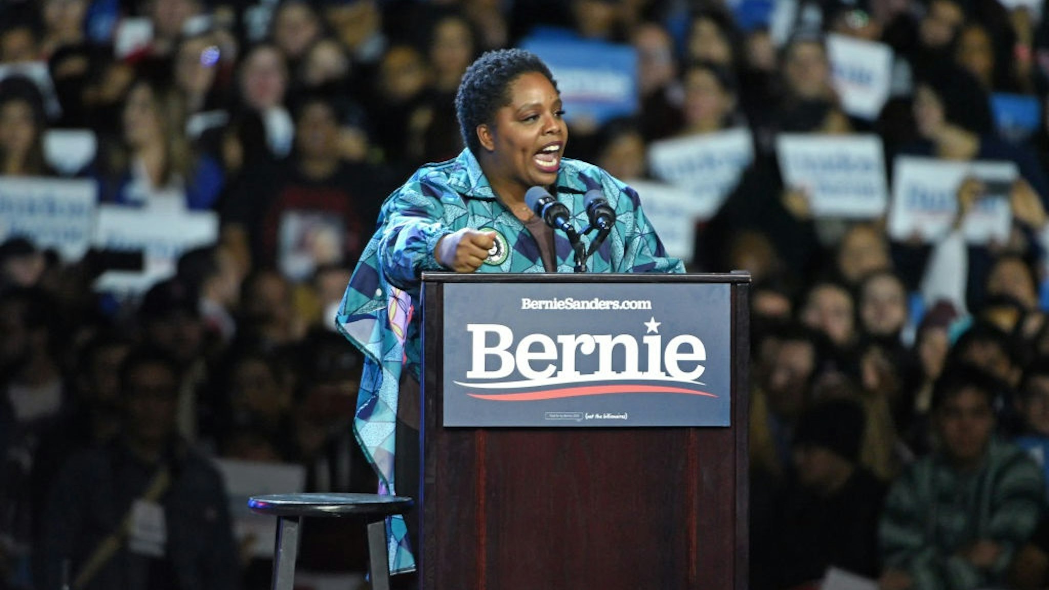 LOS ANGELES, CALIFORNIA - MARCH 01: Black Lives Matter co-founder Patrisse Cullors speaks at a Bernie Sanders 2020 presidential campaign rally at Los Angeles Convention Center on March 01, 2020 in Los Angeles, California.