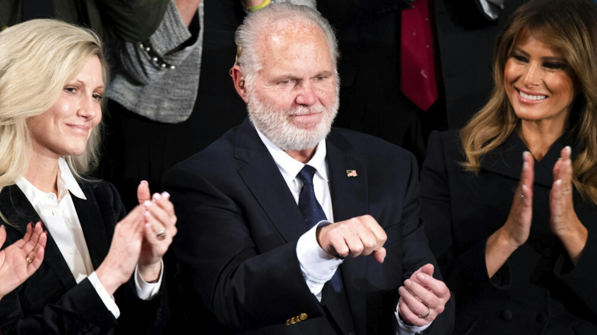 UNITED STATES - FEBRUARY 04: Rush Limbaugh is recognized before First Lady Melania Trump, right, awarded him the Presidential Medal of Freedom during President Donald Trumps State of the Union address in the House Chamber on Tuesday, February 4, 2020.