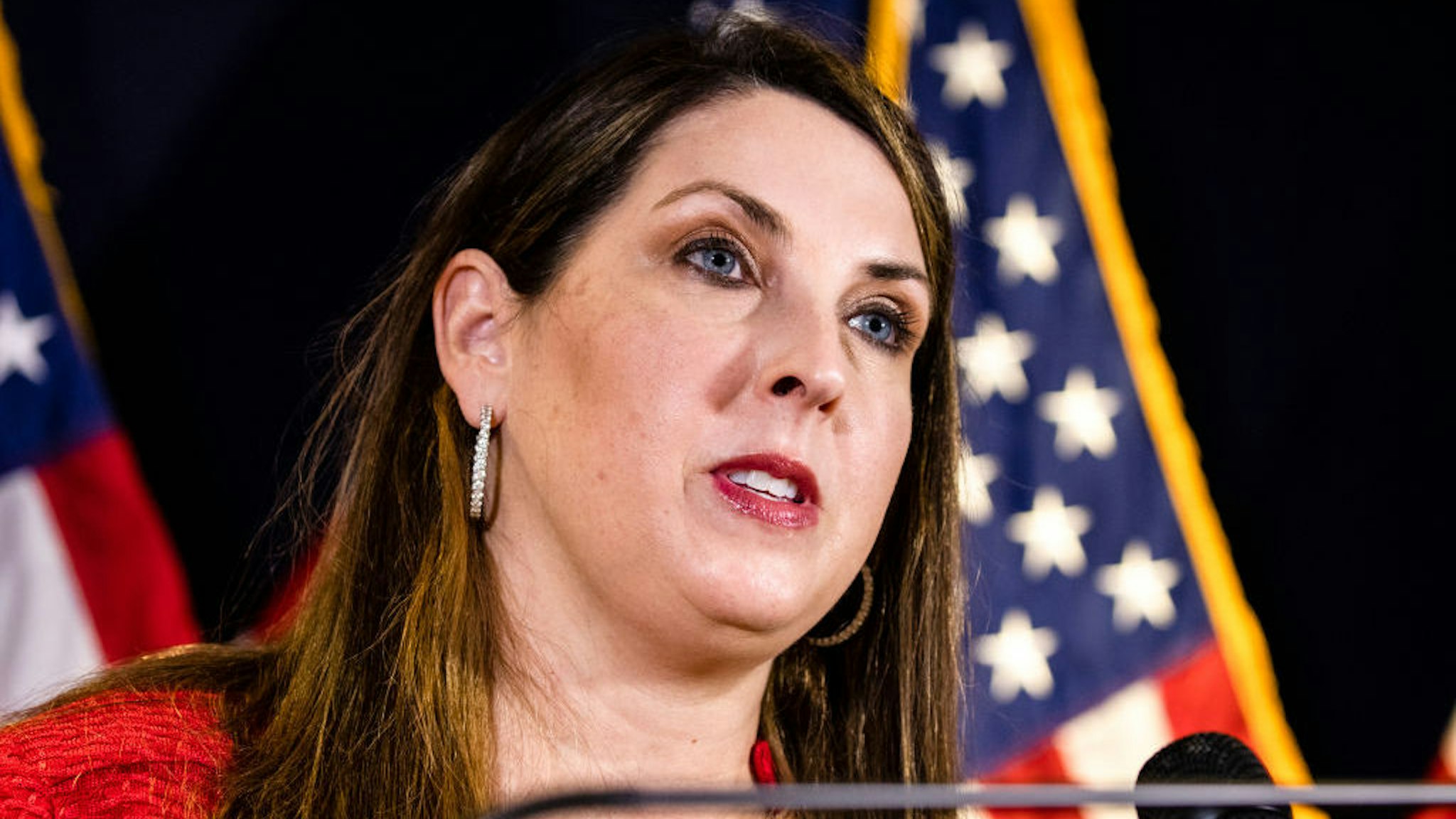 WASHINGTON, DC - NOVEMBER 09: RNC Chairwoman Ronna McDaniel speaks during a press conference alongside White House Press Secretary Kayleigh McEnany and Trump Campaign General Counsel Matt Morgan at the Republican National Committee headquarters on November 9, 2020 in Washington, DC. (Photo by Samuel Corum/Getty Images) *** Local Caption *** Ronna McDaniel