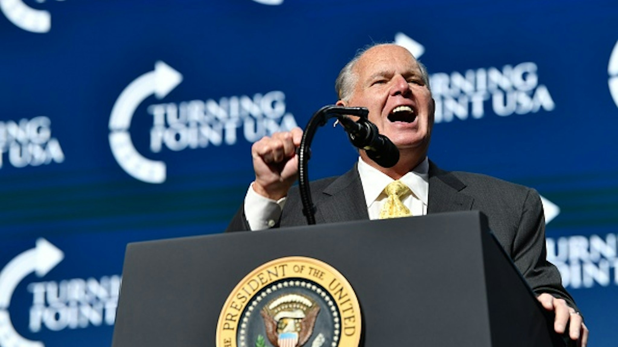Rush Limbaugh speaks before US President Donald Trump takes the stage during the Turning Point USA Student Action Summit at the Palm Beach County Convention Center in West Palm Beach, Florida on December 21, 2019.