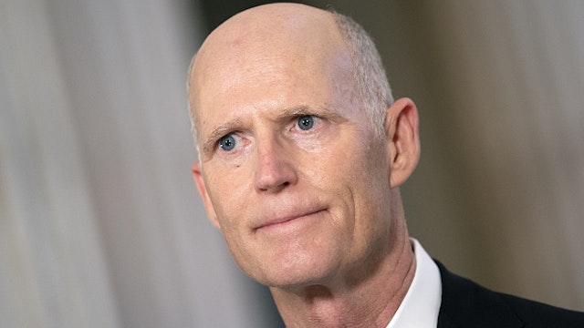 Senator Rick Scott, a Republican from Florida, participates in a television interview at the Russell Senate Office building in Washington, D.C., U.S., on Wednesday, Nov. 11, 2020. Senate Republicans dismissed concerns about an extended fight over the presidential election damaging the public's faith in voting or disrupting the transition process.