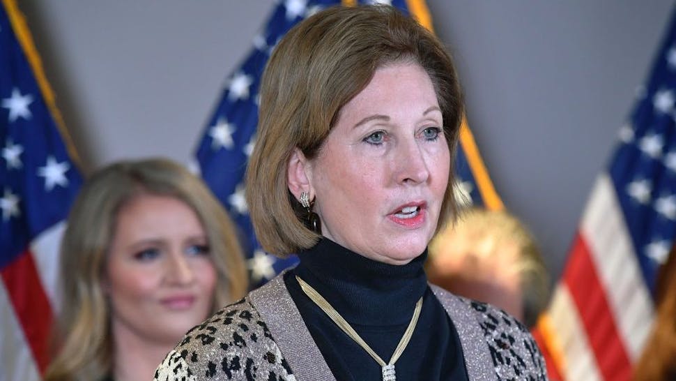 Sidney Powell A November 19, 2020 photo shows Sidney Powell speaking during a press conference at the Republican National Committee headquarters in Washington, DC. - US President Donald Trump's personal lawyer Rudy Giuliani and campaign lawyer Jenna Ellis reportedly said that Powell is not a member of the Trump legal team. (Photo by MANDEL NGAN / AFP) (Photo by MANDEL NGAN/AFP via Getty Images)