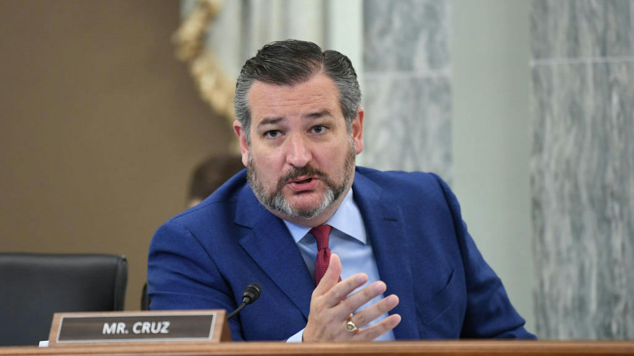 Ted Cruz WASHINGTON, DC - JUNE 24: Sen. Ted Cruz (R-TX) asks a question during an oversight hearing to examine the Federal Communications Commission on Capitol Hill on June 24, 2020 in Washington, DC. The hearing was held by the Senate Committee for Commerce, Science, and Transportation. (Photo by Jonathan Newton-Pool/Getty Images)