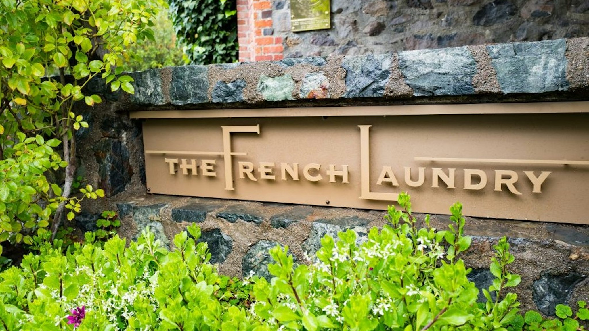 Signage for the French Laundry restaurant in Yountville, Napa Valley, California, operated by chef Thomas Keller and known for being one of the few restaurants in the United States to earn three Michelin stars, November 26, 2016.
