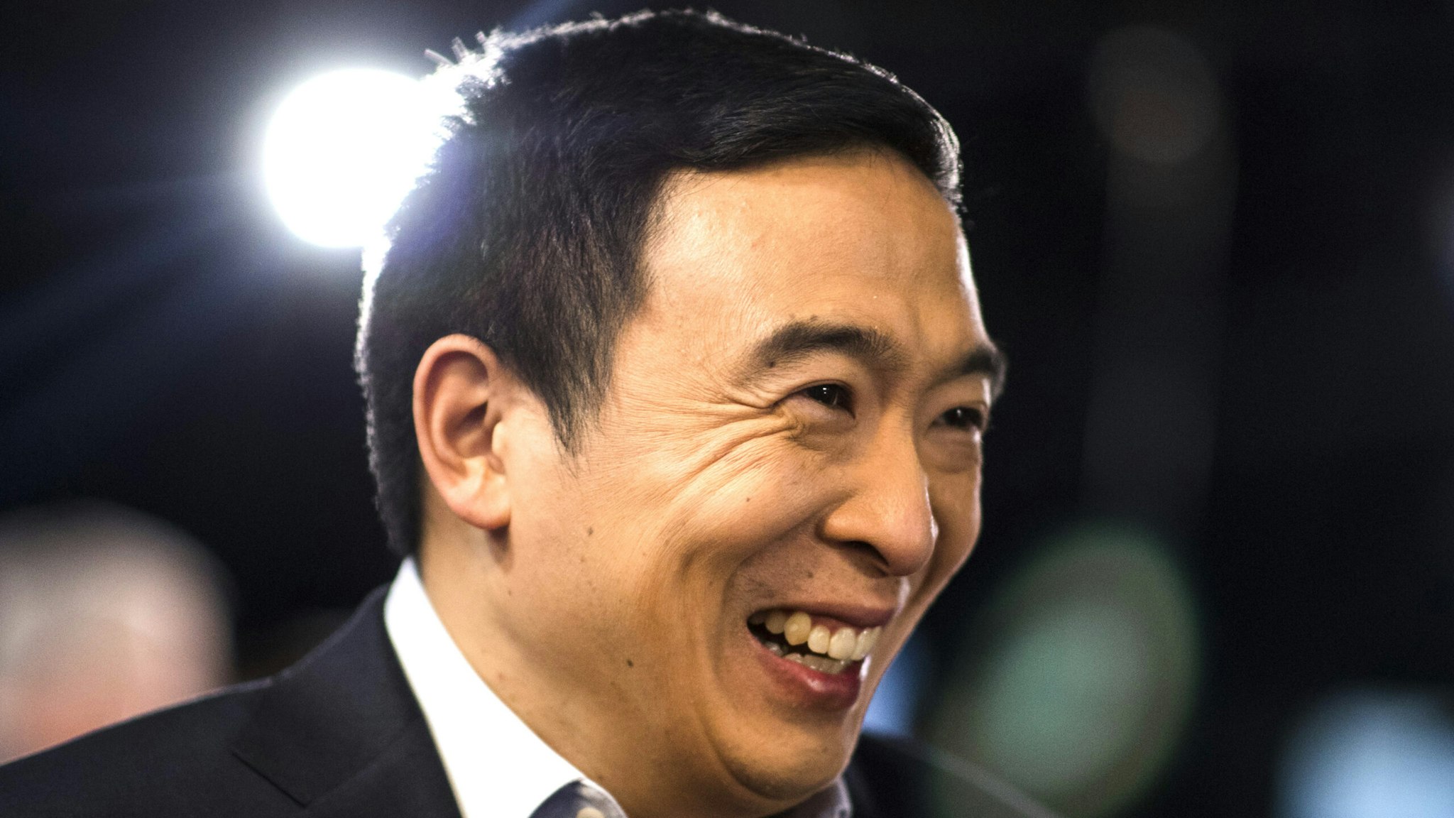 Andrew Yang, founder of Venture for America and 2020 Democratic presidential candidate, reacts as he stands in the spin room following the Democratic presidential debate at Saint Anselm College in Manchester, New Hampshire, U.S., on Friday, Feb. 7, 2020. The New Hampshire debates often mark a turning point in a presidential campaign, as the field of candidates is winnowed and voters begin to pay closer attention.