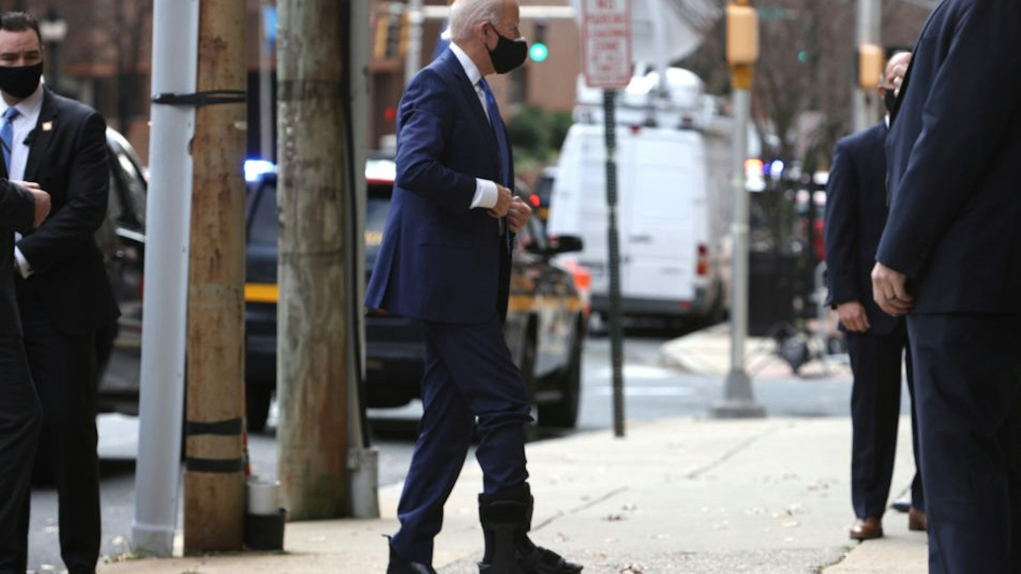 WILMINGTON, DELAWARE - DECEMBER 01: U.S. President-elect Joe Biden, wearing a walking boot due to hairline fractures after he strained his ankle playing with his dog Major, arrives at the Queen Theater to name his economic team on December 1, 2020 in Wilmington, Delaware. Biden is nominating and appointing key positions of the team, including Janet Yellen to be Secretary of the Treasury. (Photo by