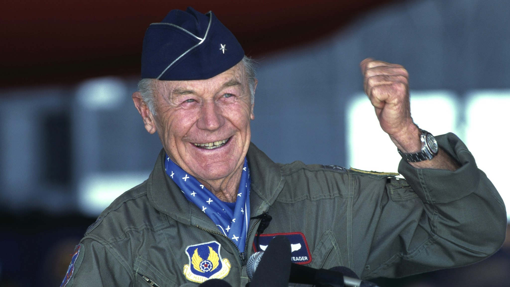 Chuck Yeager during a press conference at Edwards Air Force Base during the 50th anniversary celebration of his October 14, 1947 Bell X-1 flight, in which he became the first man to break the sound barrier. Yeager again flew at the speed of sound, only this time in a McDonnell Douglas F-15 Eagle.