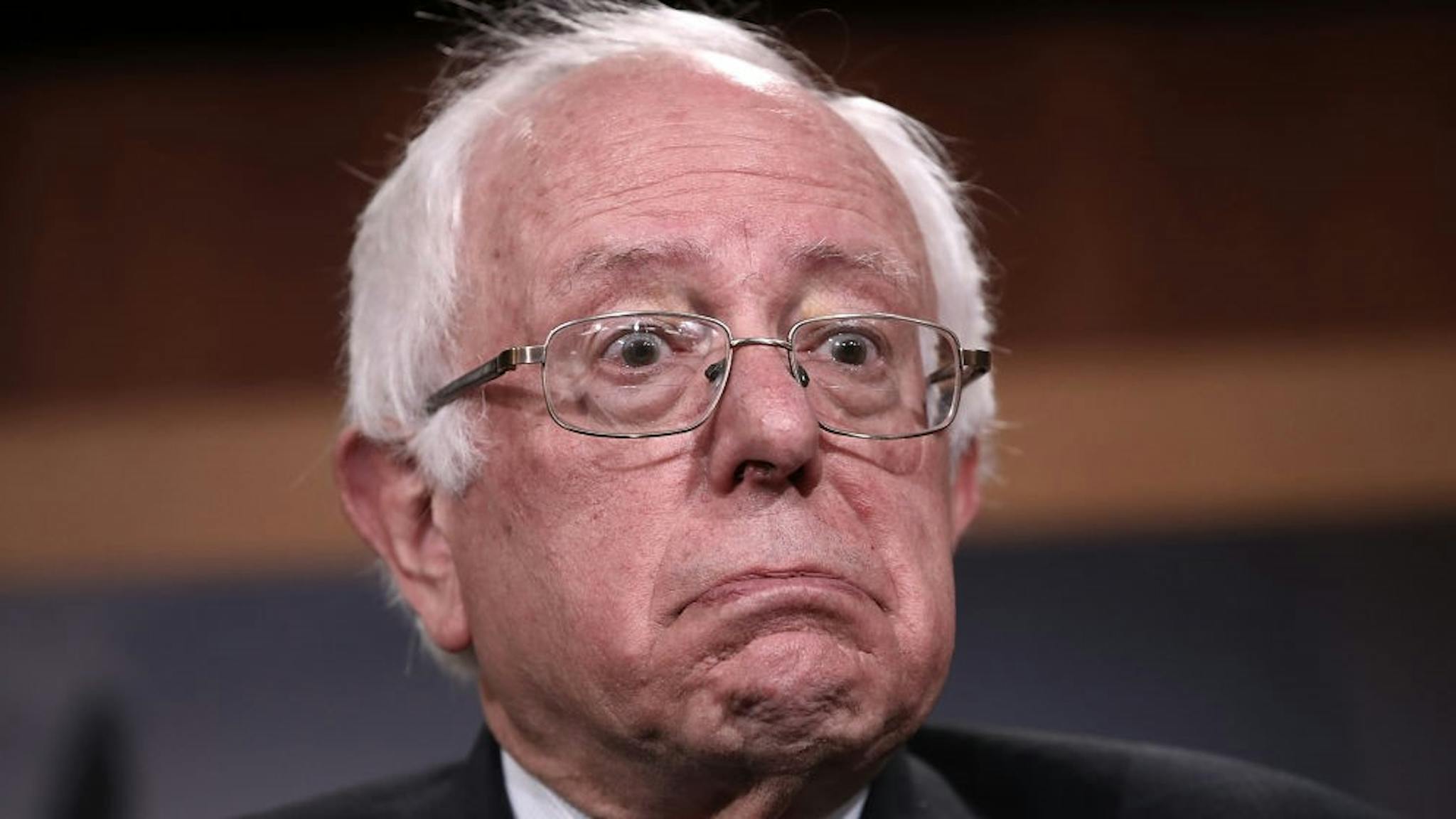Senate Democratic Leaders Hold News Conference On Trump’s FY2018 Budget WASHINGTON, DC - MAY 23: U.S. Sen. Bernie Sanders (I-VT) answers questions during a press conference at the U.S. Capitol May 23, 2017 in Washington, DC. Senate and House Democrats held the news conference to respond to the release of U.S. Donald Trump's budget. (Photo by