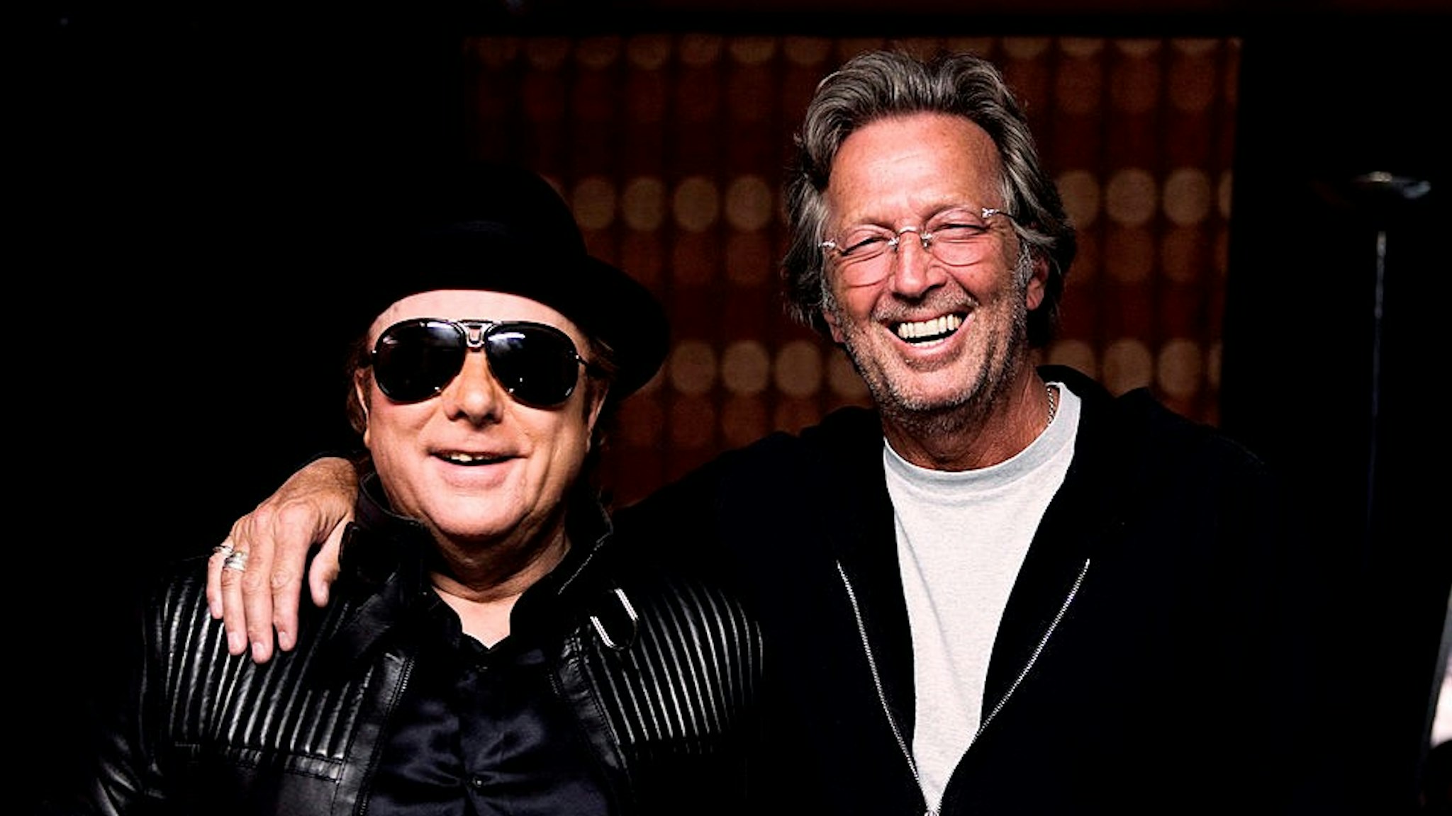 LONDON - APRIL 18: In this handout image provided by Lobeline Communcations, Van Morrison and friend Eric Clapton pose backstage during two sold out nights at London�s Royal Albert Hall April 18, 2009 in London, England. (Photo by