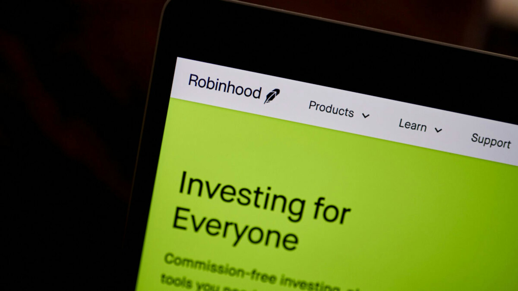 The Robinhood website home screen on a laptop computer arranged in the Brooklyn borough of New York, U.S., on Saturday, Dec. 19, 2020.