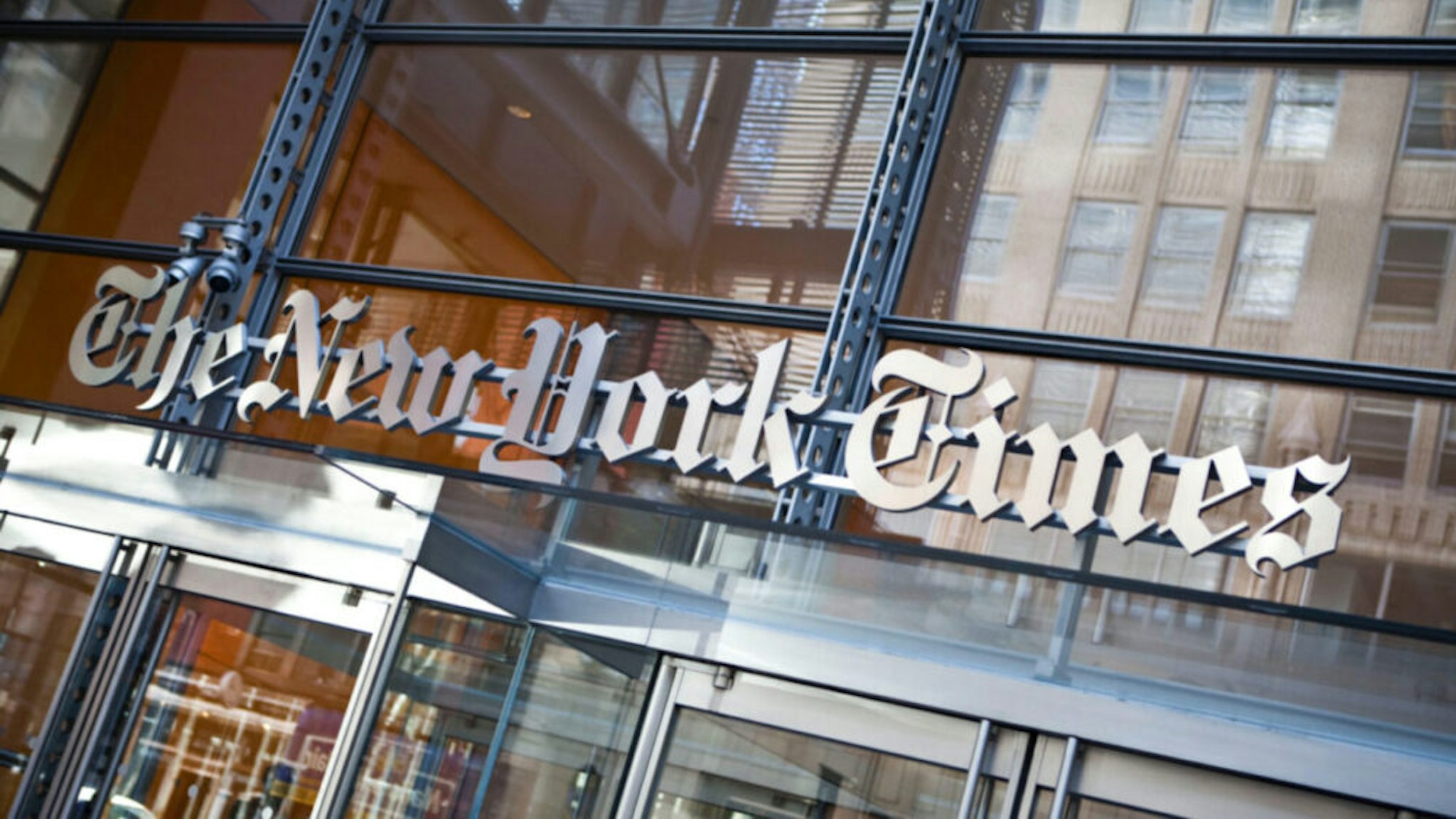 The New York Times logo is seen on the headquarters building on April 21, 2011 in New York City.