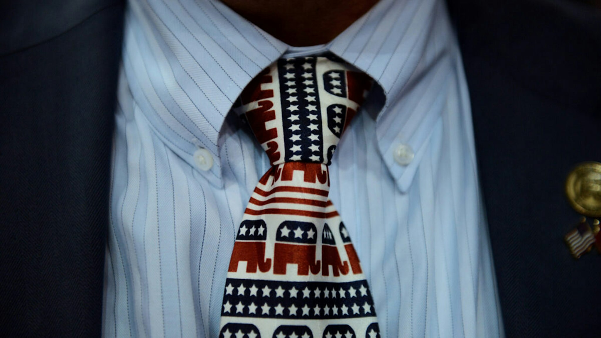 Will Deschamps, state chairman of Montana, wears a tie decorated with elephant mascots at the Republican National Convention (RNC) in Tampa, Florida, U.S., on Thursday, Aug. 30, 2012.