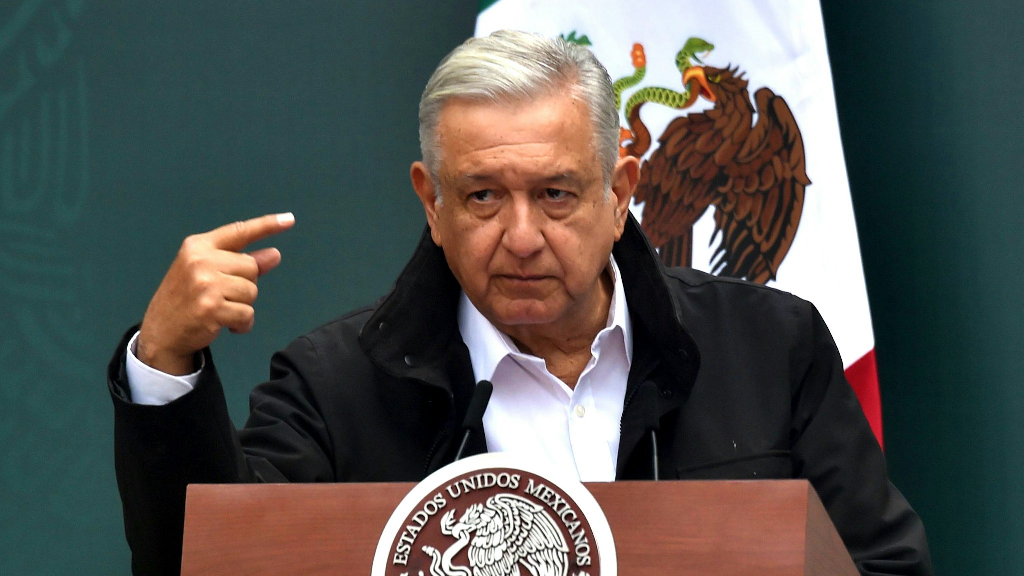Mexico's President Andres Manuel Lopez Obrador, speaks during a meeting with relatives of the 43 students of the teaching training school in Ayotzinapa who went missing on September 26, 2014, at the National Palace in Mexico City on September 26, 2020 on the sixth anniversary of their disappearance. - The students had commandeered five buses to travel to a protest on the night of September 26, 2014, but were stopped by municipal police in the city of Iguala, Guerrero. Prosecutors initially said the officers delivered the 43 teacher trainees to drug cartel hitmen, who killed them, incinerated their bodies and dumped the remains in a river. However, independent experts from the Inter-American Commission on Human Rights have rejected the government's conclusion, and the unsolved case remains a stain on Mexico's reputation.