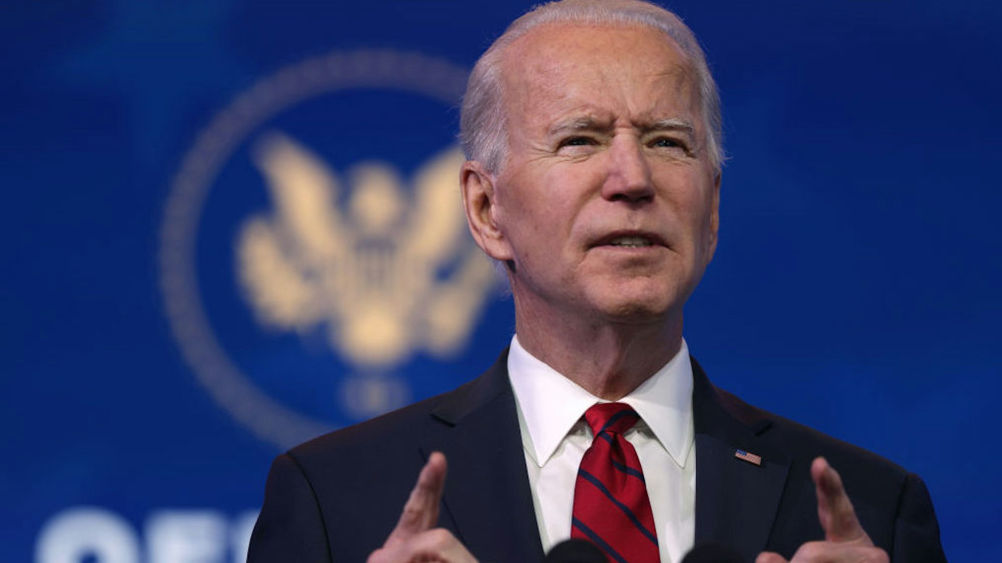 WILMINGTON, DELAWARE - JANUARY 15: U.S. President-elect Joe Biden speaks during day two of laying out his plan on combating the coronavirus at the Queen theater January 15, 2021 in Wilmington, Delaware. President-elect Biden is announcing his plan to administer COVID-19 vaccines to Americans.